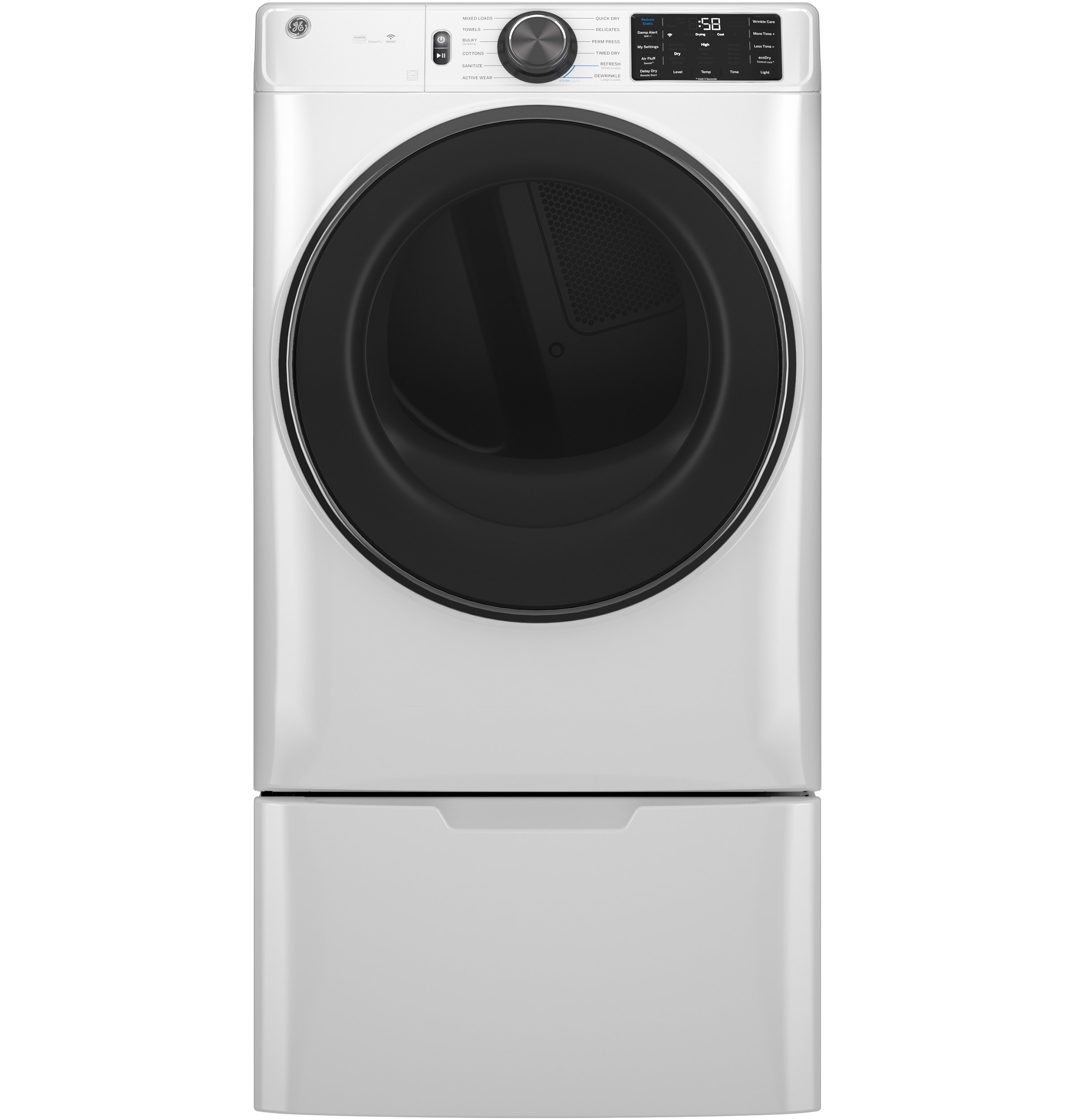 Secadora eléctrica vented apilable con ciclo de vapor de 7.8 pies cúbicos (Blanco) Certificada Energy Star GFD65ESSVWW de GE