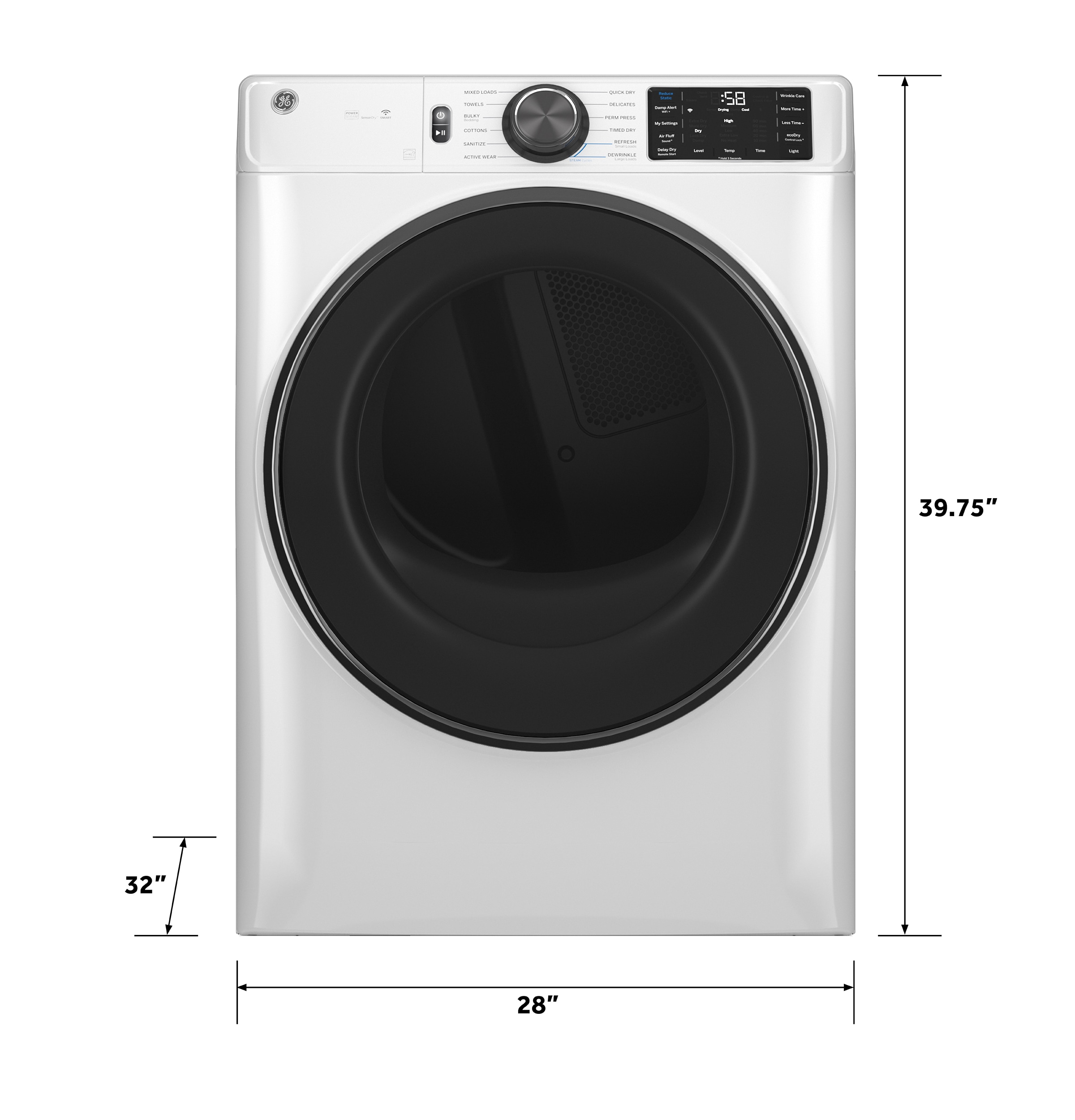 Secadora eléctrica vented apilable con ciclo de vapor de 7.8 pies cúbicos (Blanco) Certificada Energy Star GFD65ESSVWW de GE