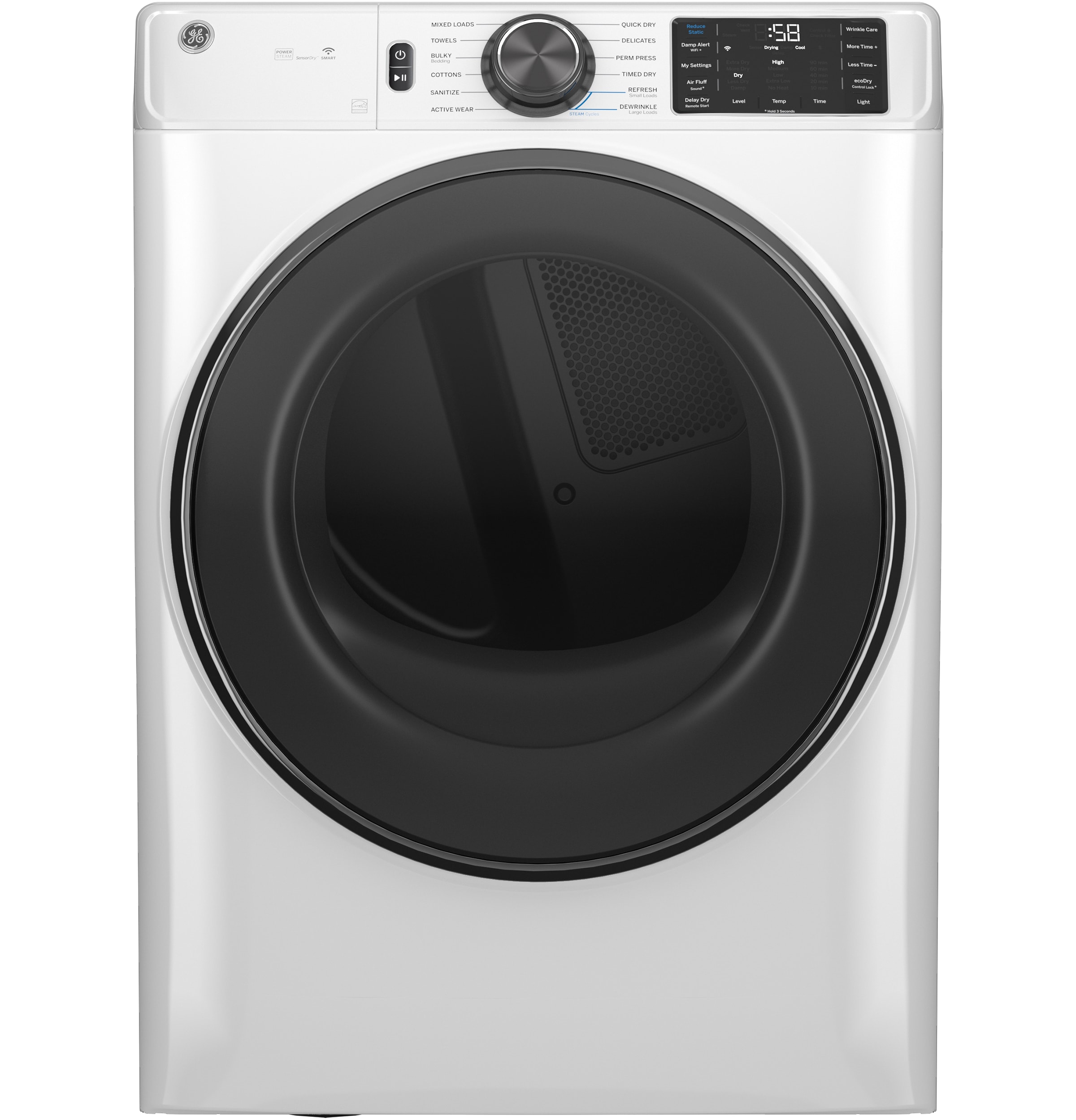 Secadora eléctrica vented apilable con ciclo de vapor de 7.8 pies cúbicos (Blanco) Certificada Energy Star GFD65ESSVWW de GE