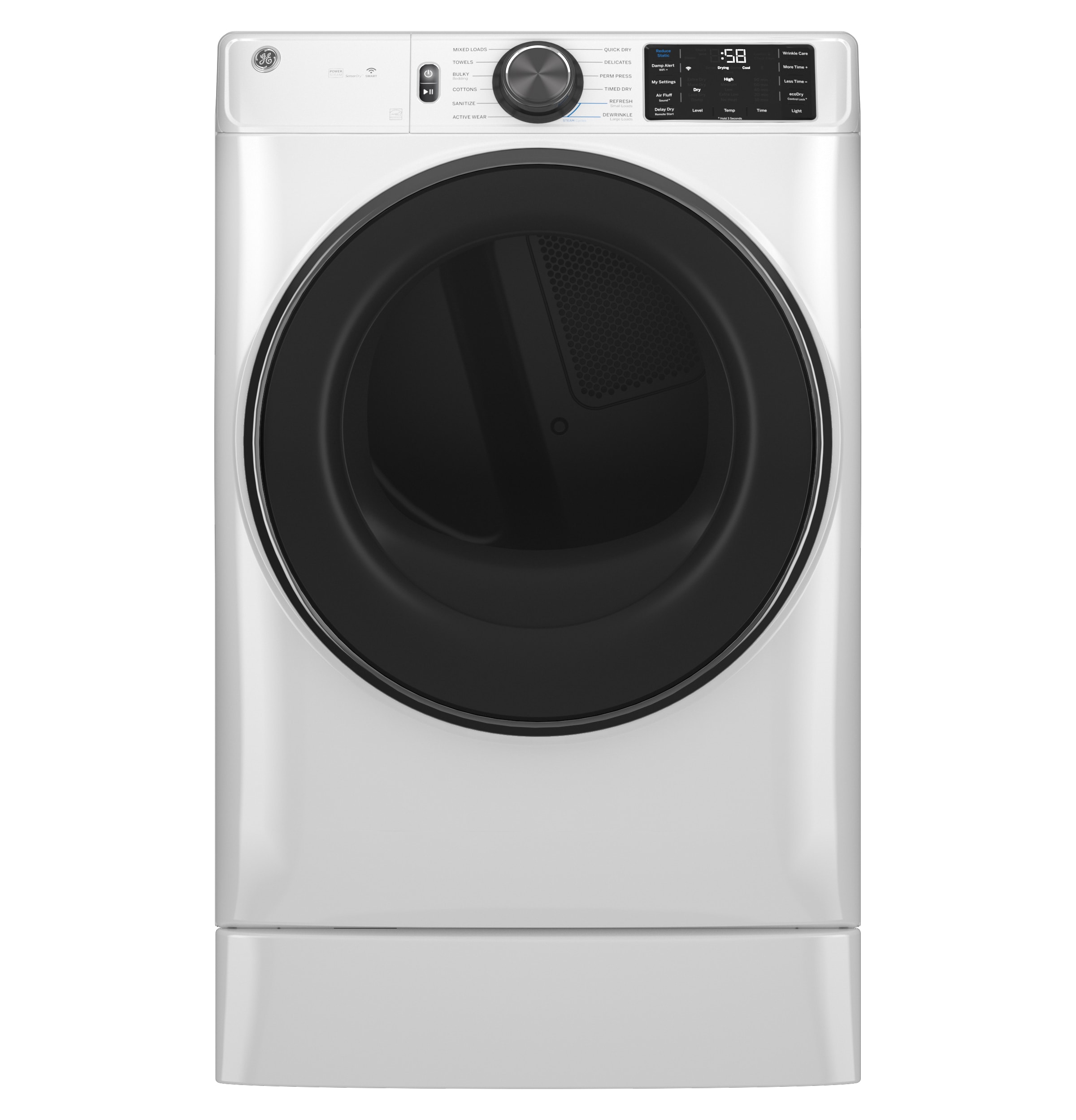 Secadora eléctrica vented apilable con ciclo de vapor de 7.8 pies cúbicos (Blanco) Certificada Energy Star GFD65ESSVWW de GE