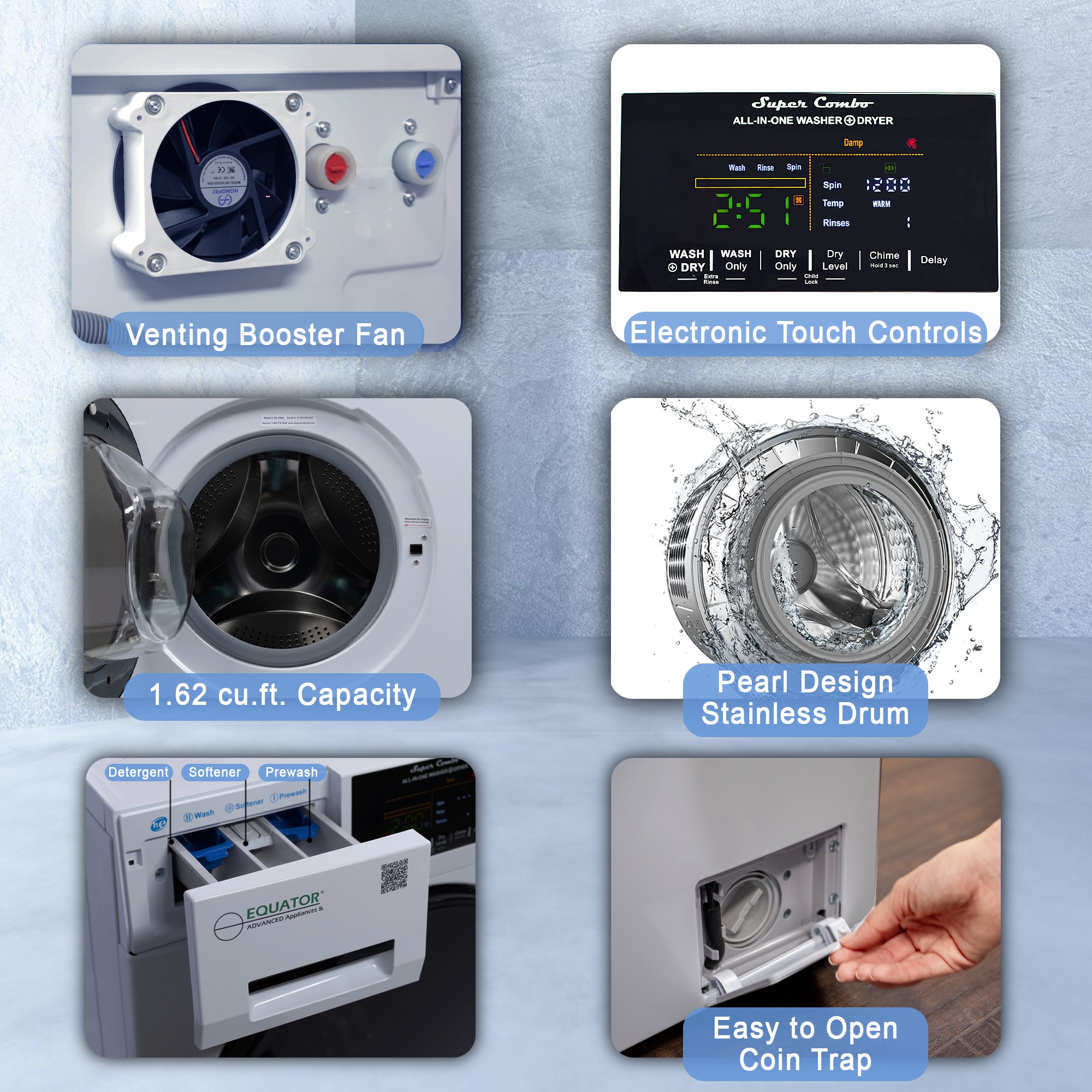 Combo Lavadora y Secadora Todo en Uno con capacidad de 1.62 pies cúbicos color plata EZ 4800 V PLATA de Equator Advanced Appliances