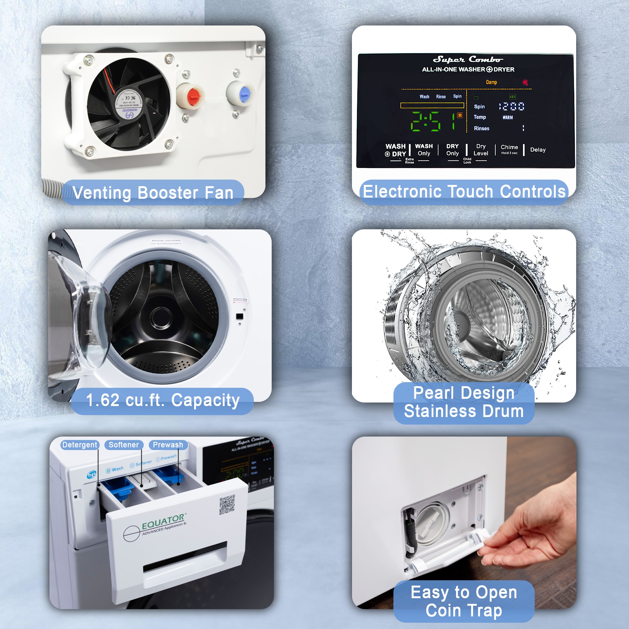 Combo de Lavadora Secadora Todo en Uno con ventilación, color blanco, de Capacidad de 1.62 pies cúbicos Modelo EZ 4800 V BLANCO de Equator Advanced Appliances