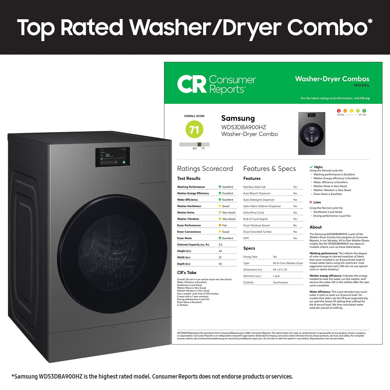 Lavadora secadora todo en uno Samsung Bespoke de 5.3 pies cúbicos de capacidad en acero oscuro sin ventilación (certificada por ENERGY STAR) WD53DBA900HZ