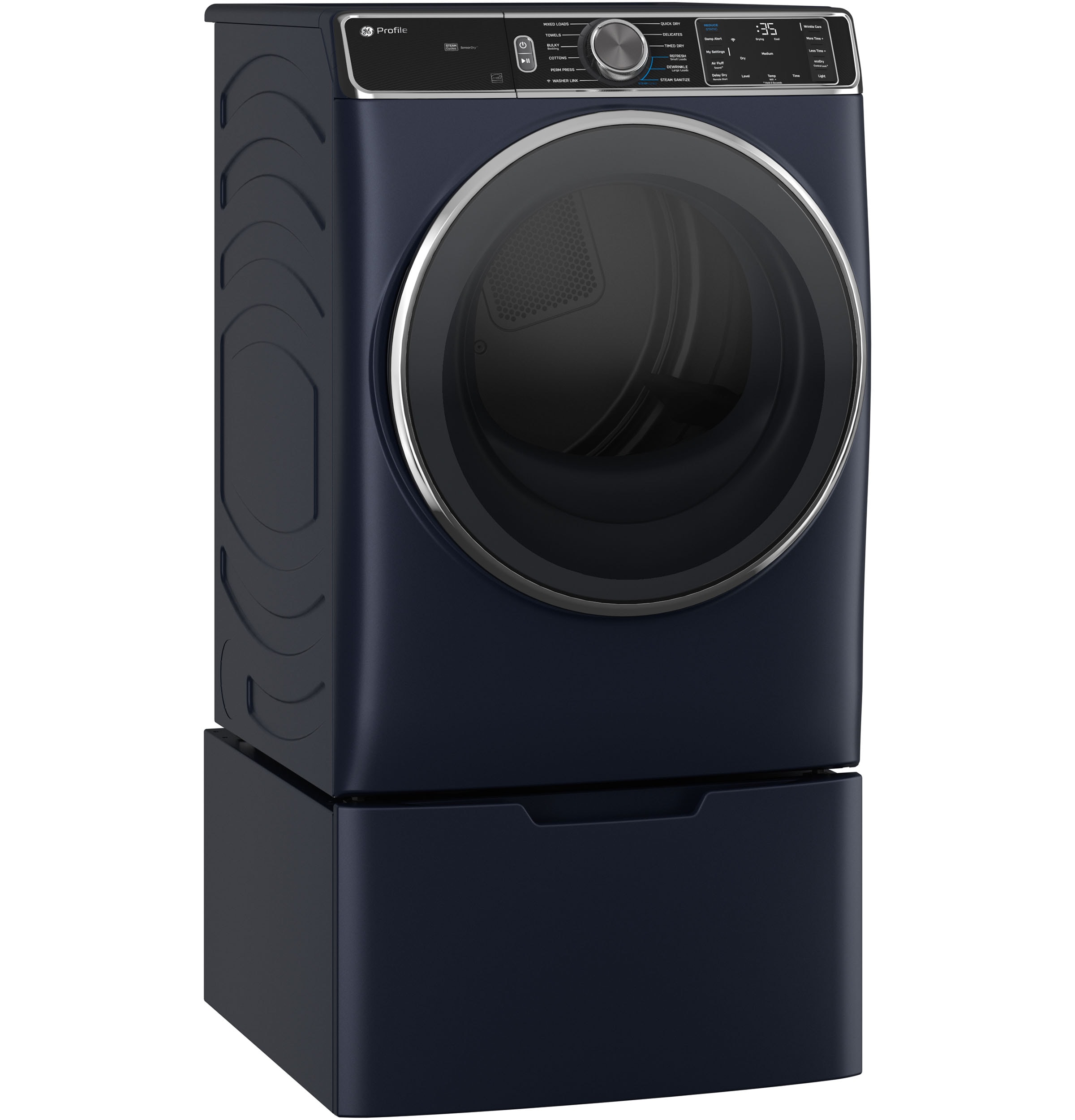 Secadora eléctrica apilable con ciclo de vapor y ventilación de 7.8 pies cúbicos (Azul zafiro) de Perfil GE