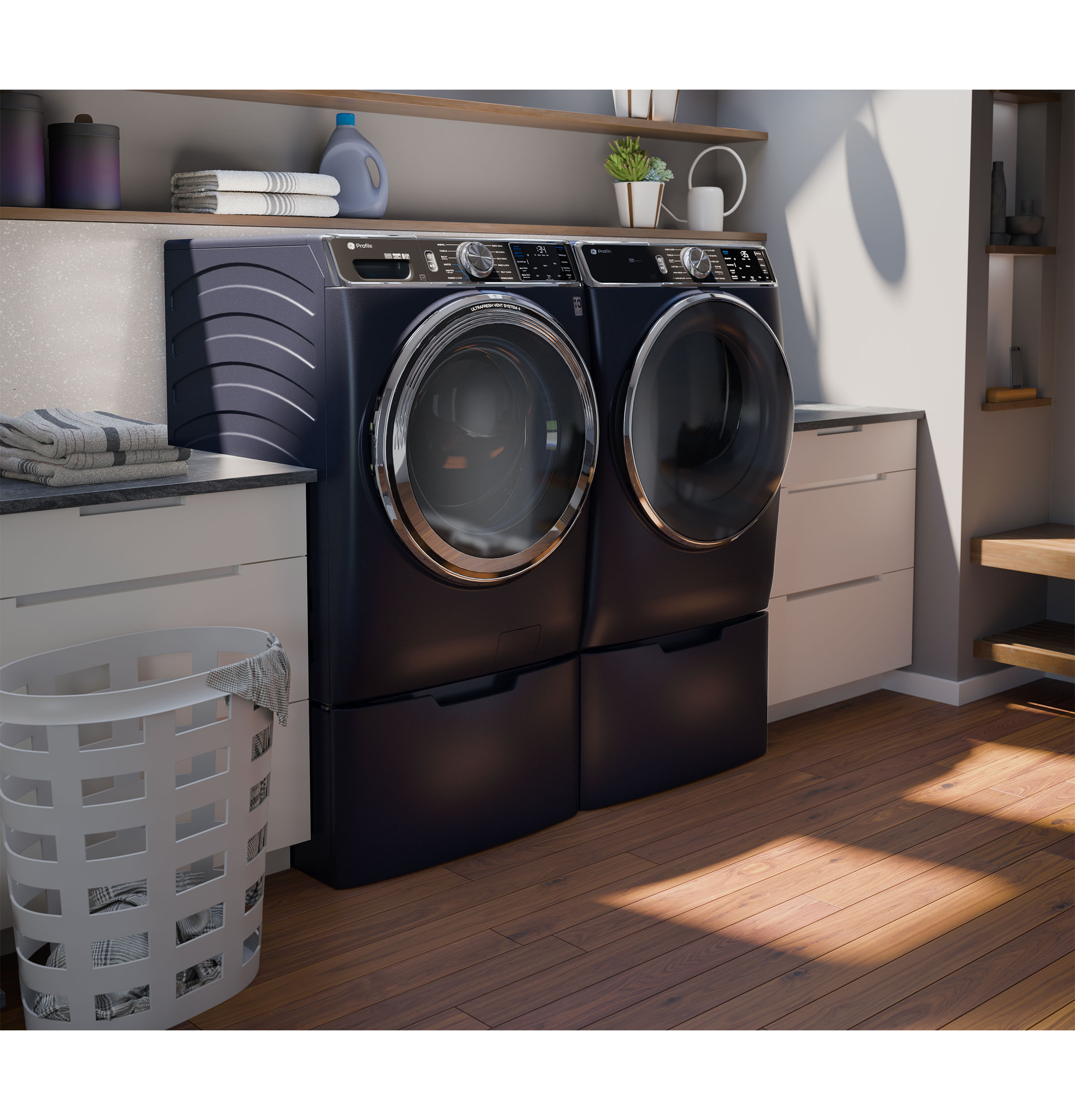 Secadora eléctrica apilable con ciclo de vapor y ventilación de 7.8 pies cúbicos (Azul zafiro) de Perfil GE