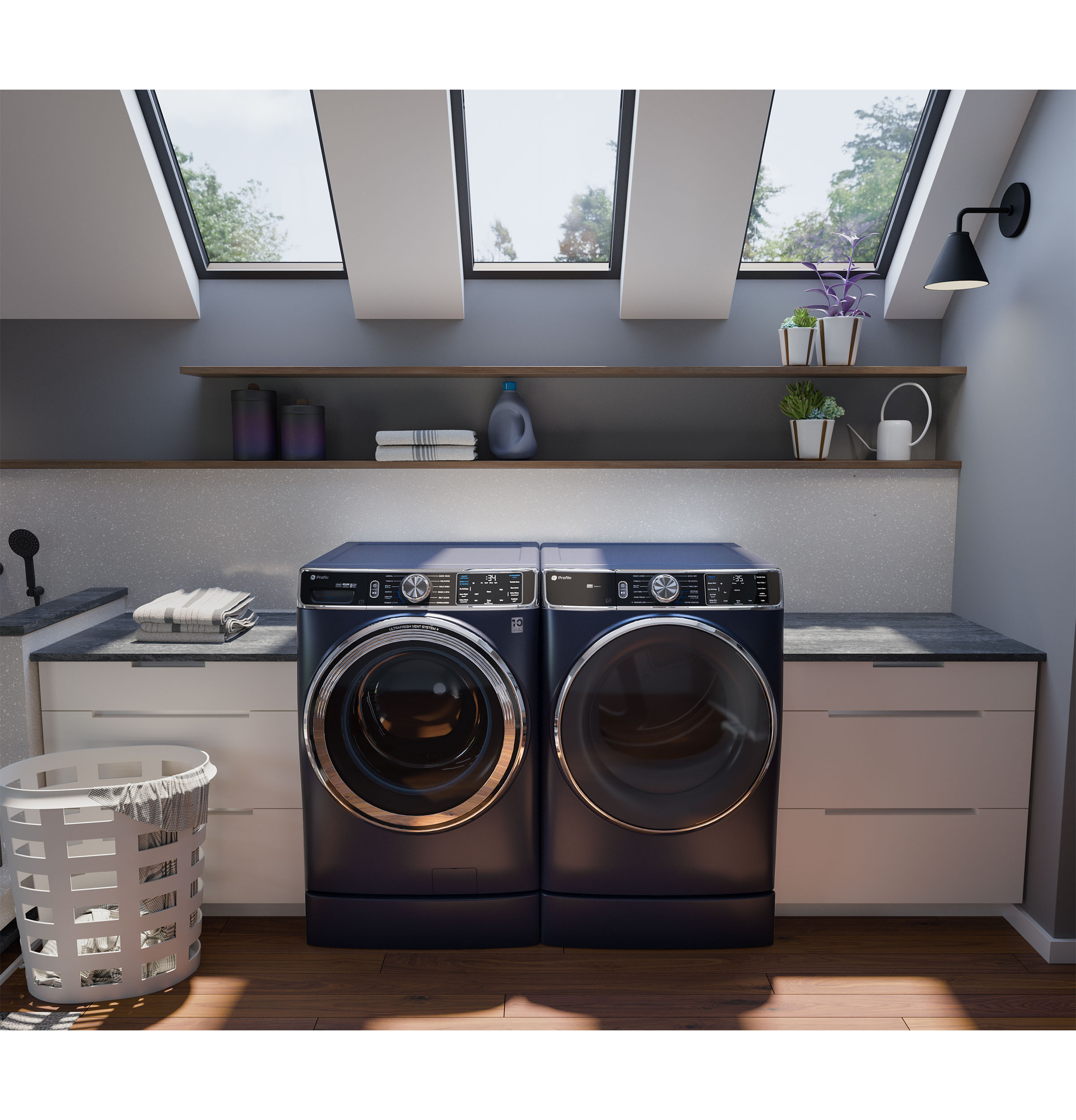 Secadora eléctrica apilable con ciclo de vapor y ventilación de 7.8 pies cúbicos (Azul zafiro) de Perfil GE