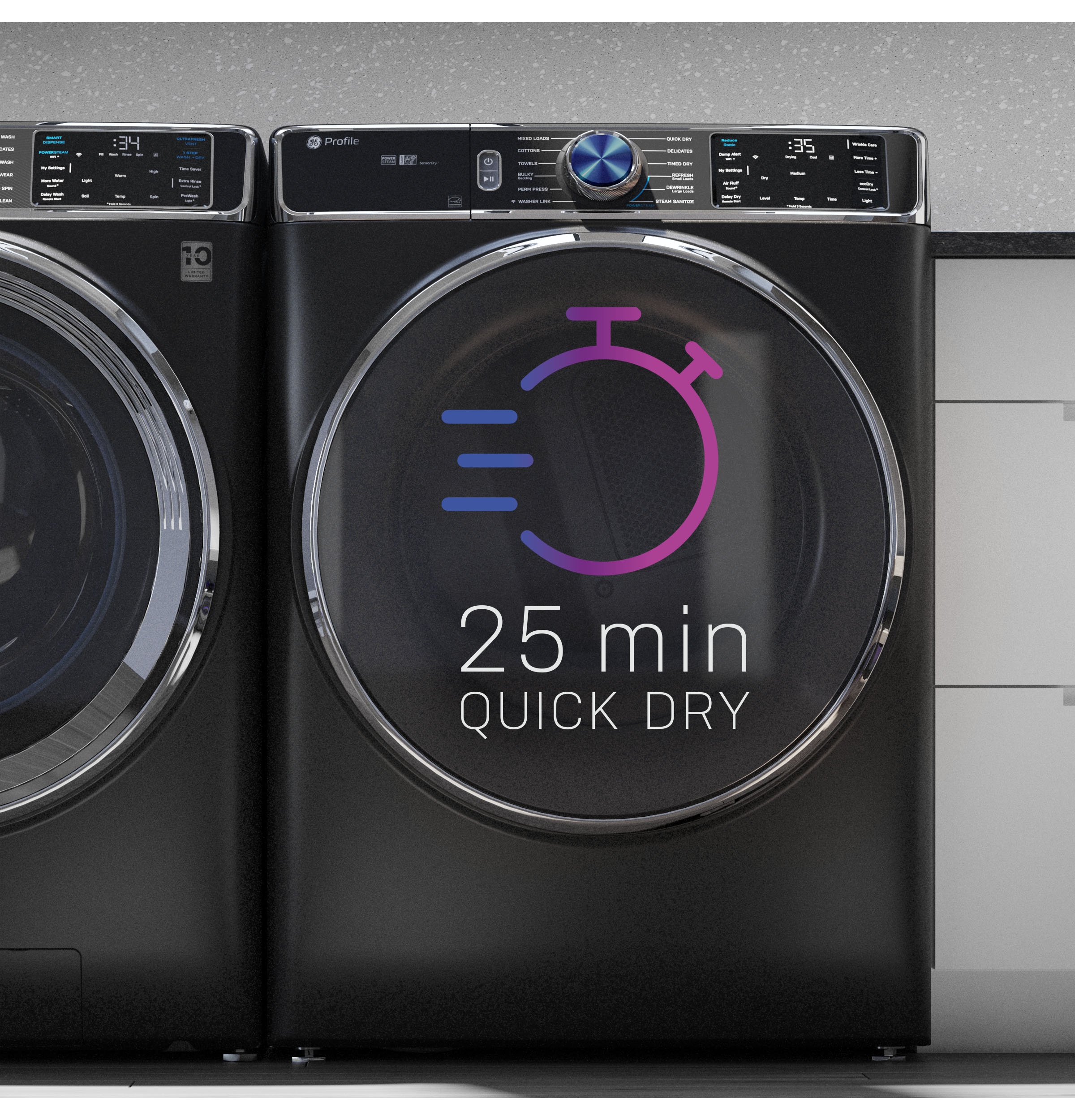 Secadora eléctrica apilable con ciclo de vapor y ventilación de 7.8 pies cúbicos (Azul zafiro) de Perfil GE