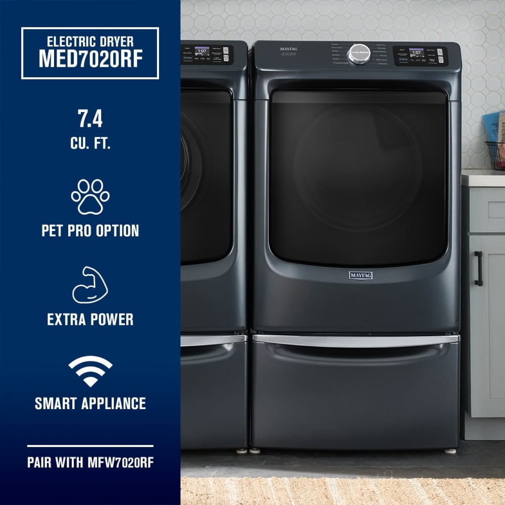 Secadora de ropa eléctrica apilable con ciclo de vapor de Maytag Pet Pro de 7.4 pies cúbicos (acero mediano) certificada Energy Star MED7020RF
