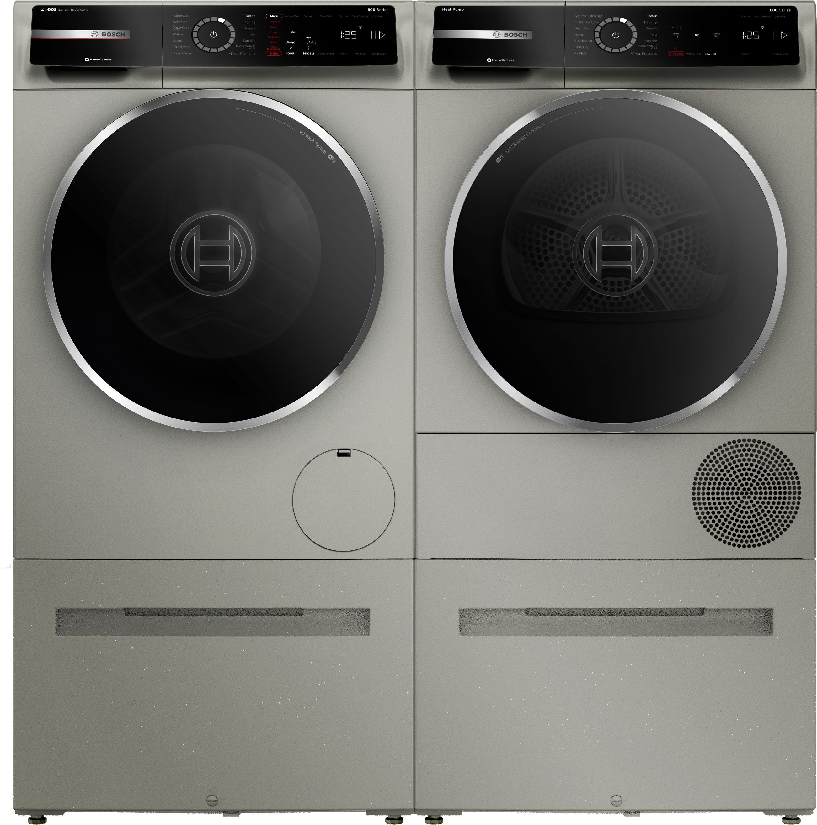 Secadora eléctrica sin ventilación con bomba de calor apilable Bosch Serie 800 de 4 pies cúbicos con ciclo de vapor (acero perla) certificada por Energy Star WQB245AXUC