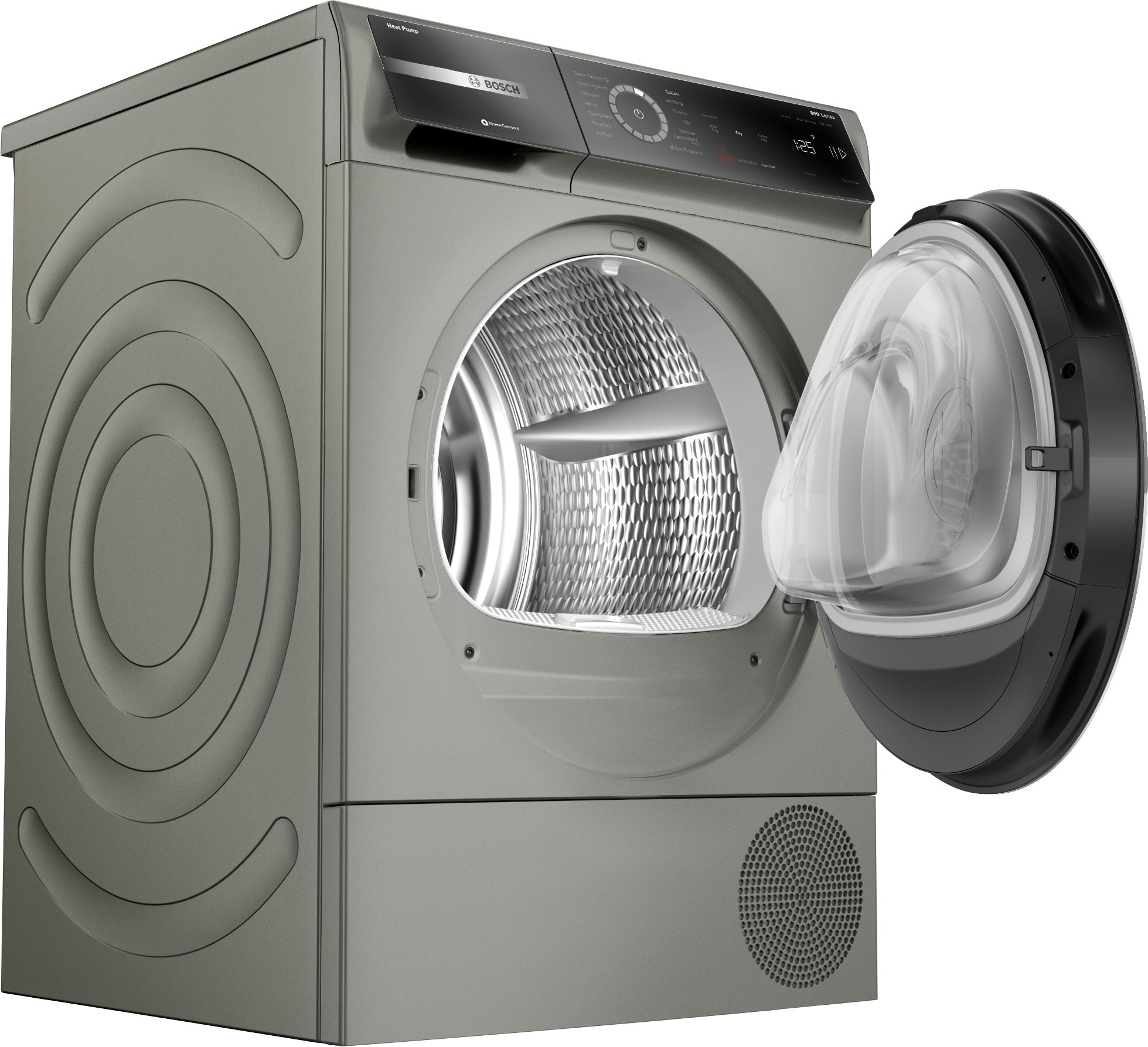 Secadora eléctrica sin ventilación con bomba de calor apilable Bosch Serie 800 de 4 pies cúbicos con ciclo de vapor (acero perla) certificada por Energy Star WQB245AXUC