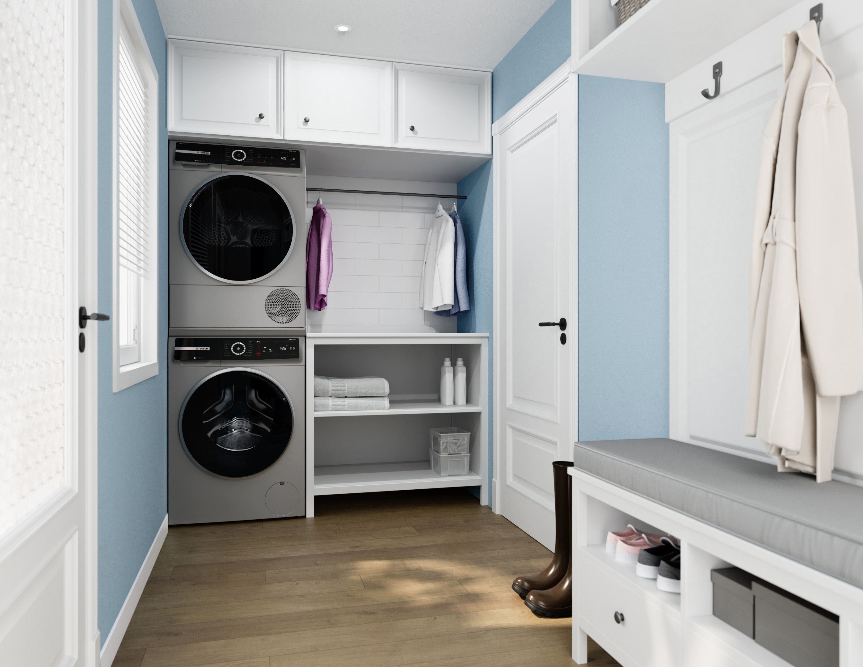 Secadora eléctrica sin ventilación con bomba de calor apilable Bosch Serie 800 de 4 pies cúbicos con ciclo de vapor (acero perla) certificada por Energy Star WQB245AXUC
