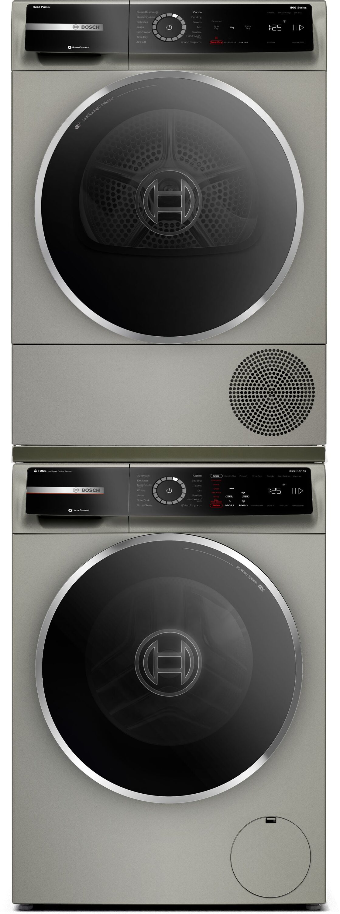 Secadora eléctrica sin ventilación con bomba de calor apilable Bosch Serie 800 de 4 pies cúbicos con ciclo de vapor (acero perla) certificada por Energy Star WQB245AXUC