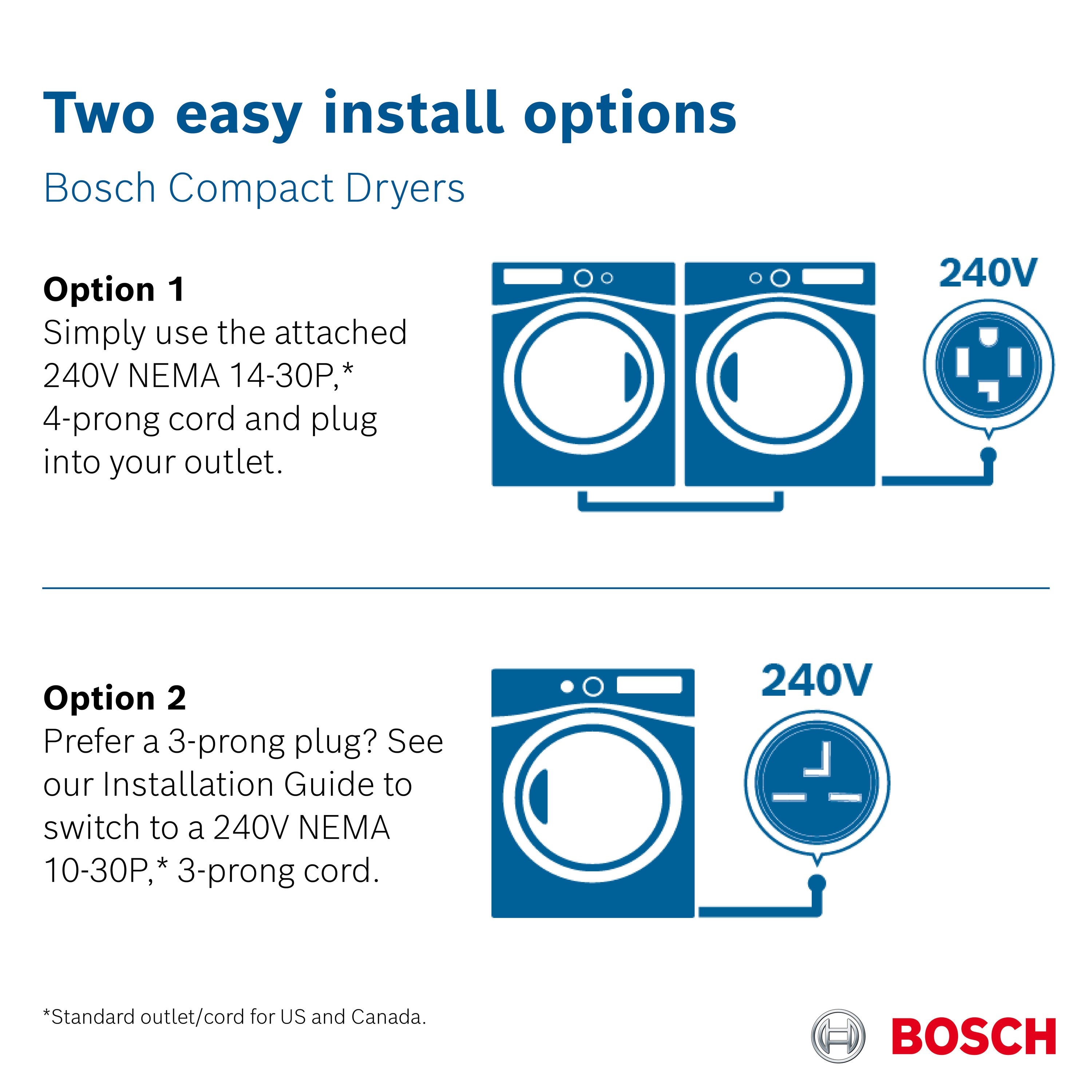 Secadora eléctrica sin ventilación con bomba de calor apilable Bosch Serie 800 de 4 pies cúbicos con ciclo de vapor (acero perla) certificada por Energy Star WQB245AXUC