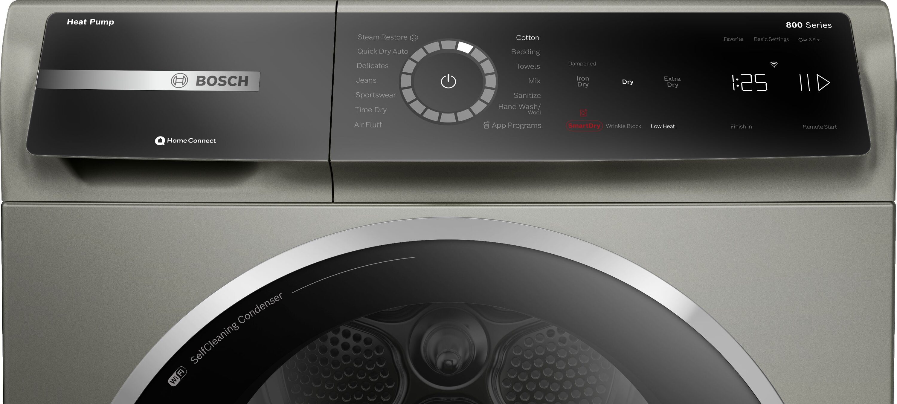 Secadora eléctrica sin ventilación con bomba de calor apilable Bosch Serie 800 de 4 pies cúbicos con ciclo de vapor (acero perla) certificada por Energy Star WQB245AXUC