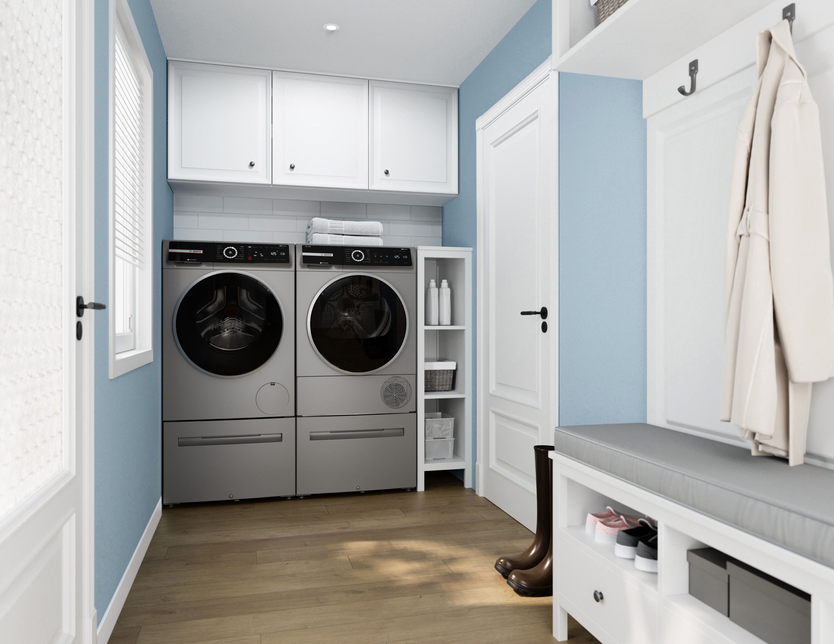 Secadora eléctrica sin ventilación con bomba de calor apilable Bosch Serie 800 de 4 pies cúbicos con ciclo de vapor (acero perla) certificada por Energy Star WQB245AXUC