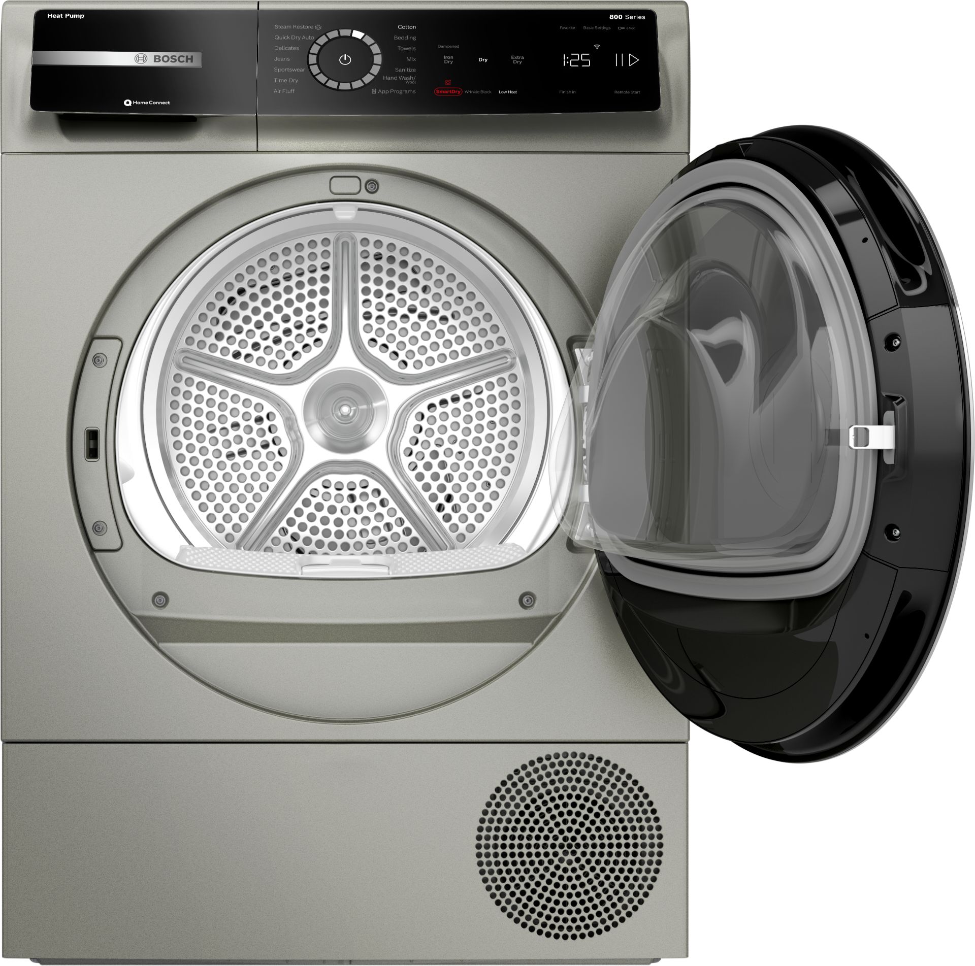 Secadora eléctrica sin ventilación con bomba de calor apilable Bosch Serie 800 de 4 pies cúbicos con ciclo de vapor (acero perla) certificada por Energy Star WQB245AXUC