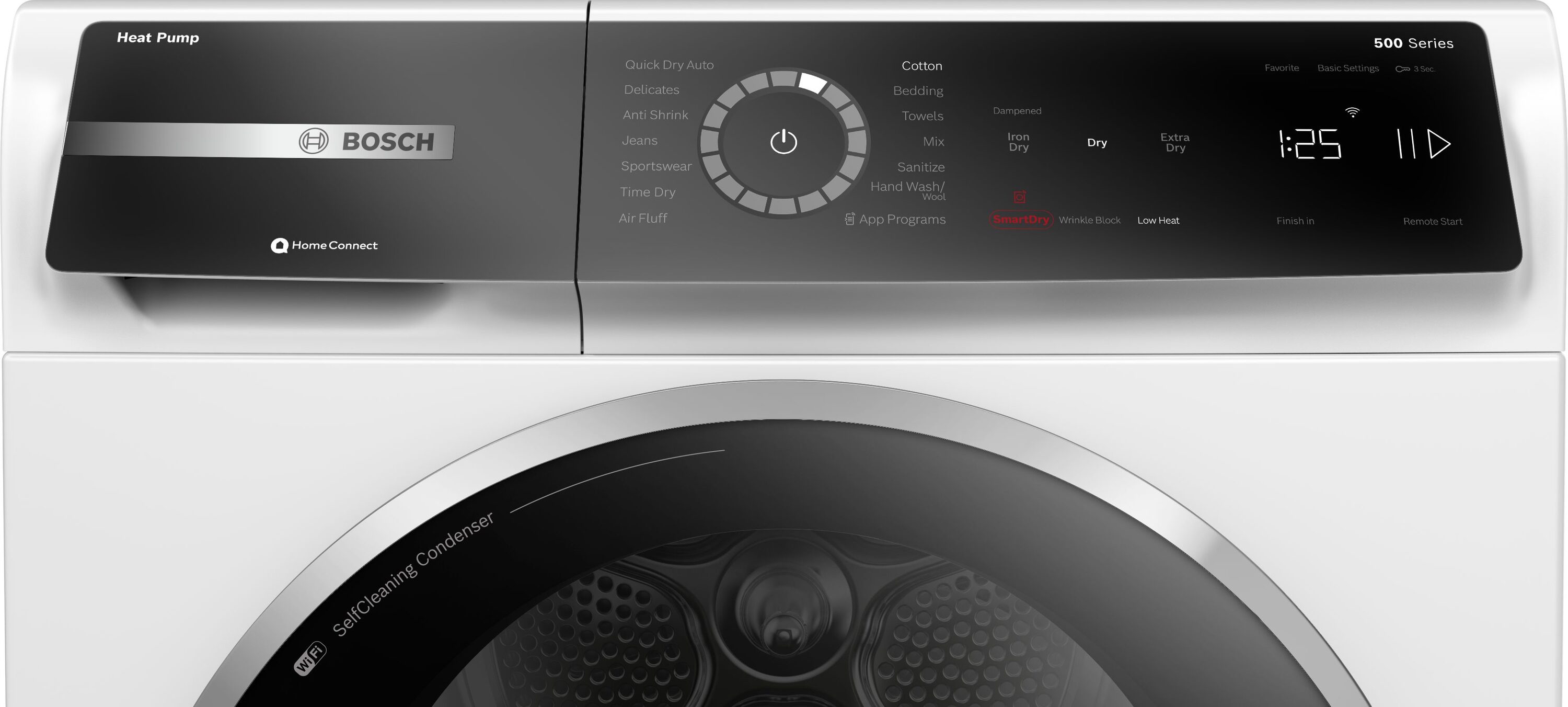 Secadora eléctrica apilable con bomba de calor sin ventilación y ciclo de vapor de la serie 500 de Bosch (blanca) certificada por Energy Star de 4 pies cúbicos.