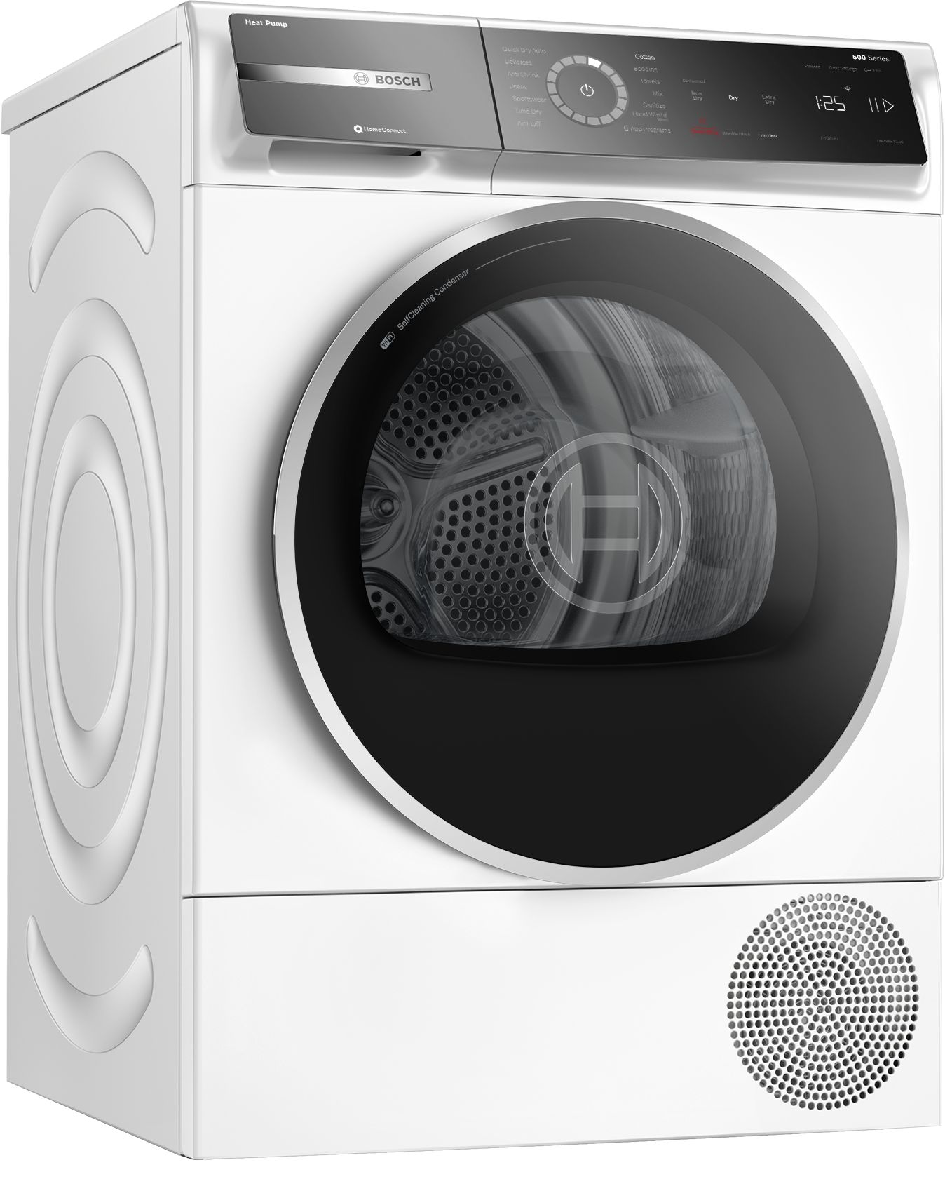 Secadora eléctrica apilable con bomba de calor sin ventilación y ciclo de vapor de la serie 500 de Bosch (blanca) certificada por Energy Star de 4 pies cúbicos.