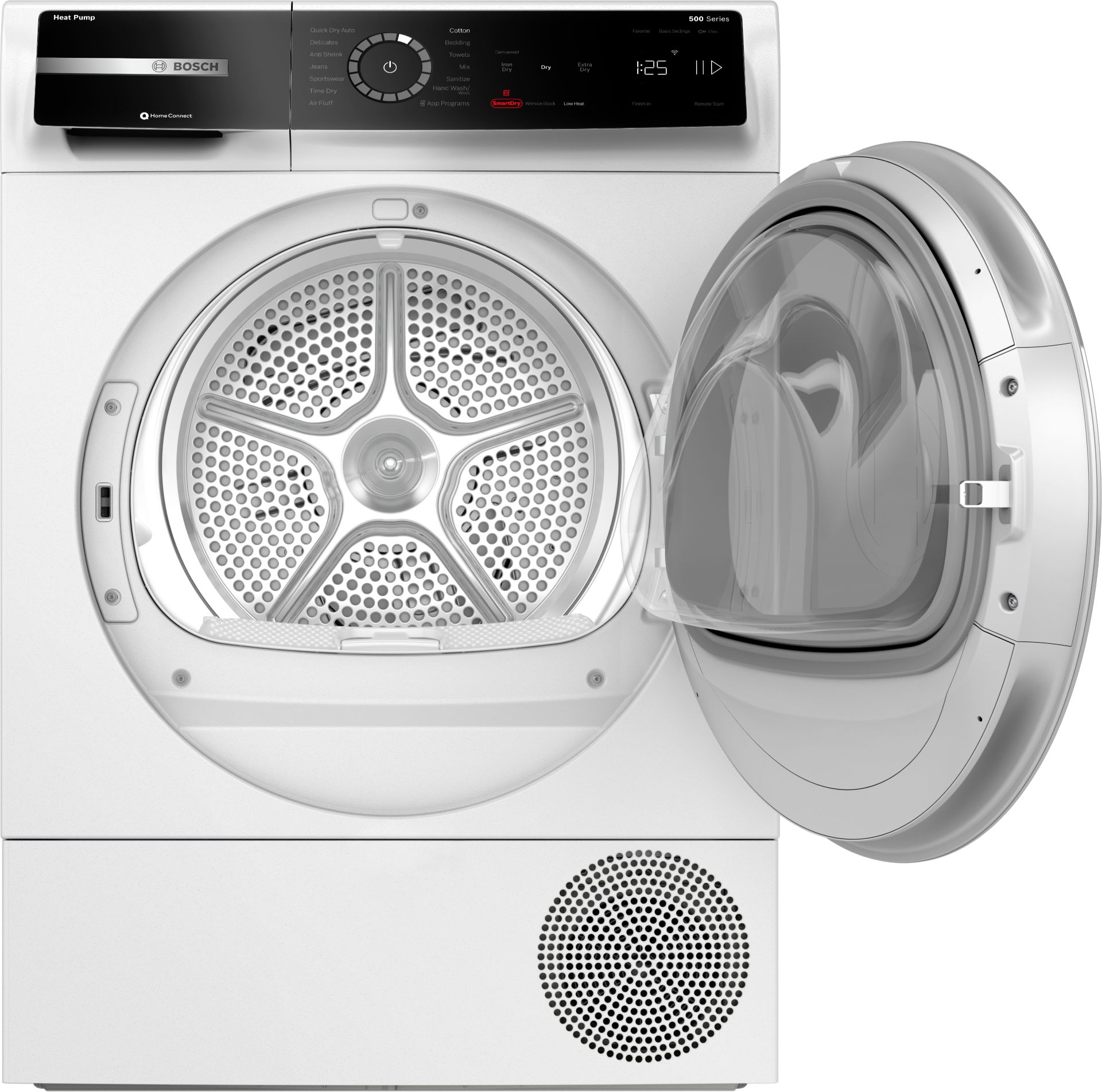 Secadora eléctrica apilable con bomba de calor sin ventilación y ciclo de vapor de la serie 500 de Bosch (blanca) certificada por Energy Star de 4 pies cúbicos.