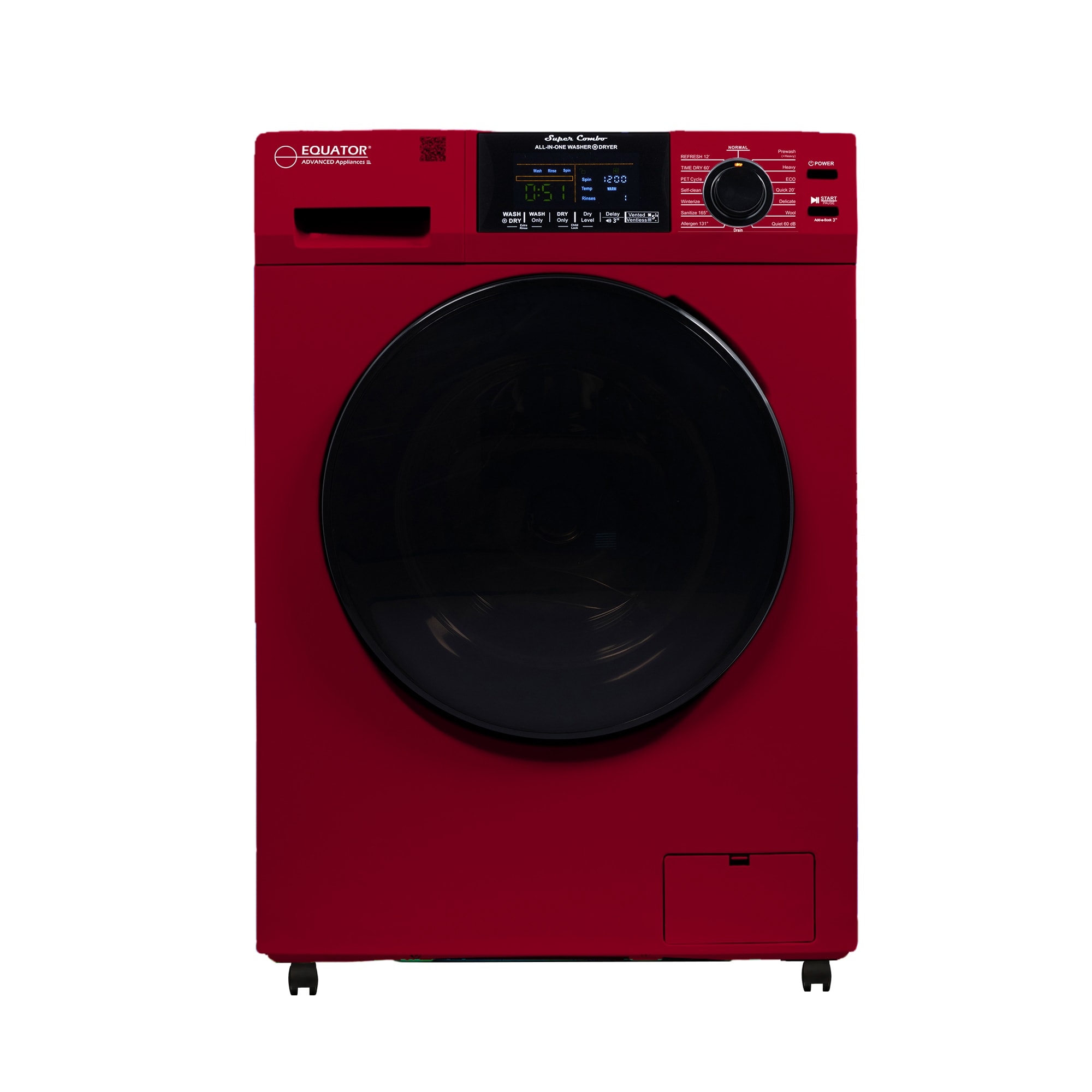 Lavadora Secadora Todo en Uno con capacidad de 1.62 pies cúbicos en color vino tinto de Equator Advanced Appliances.
