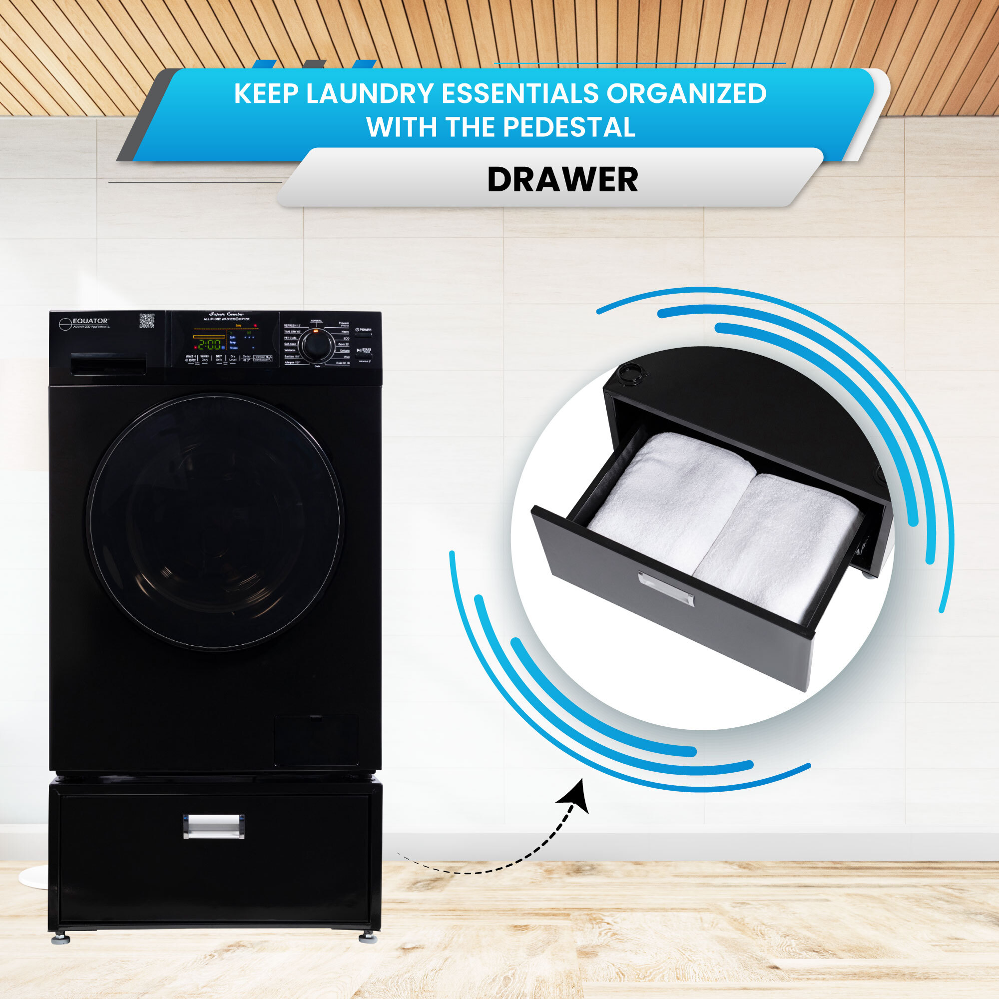 Combo de lavadora secadora todo en uno de capacidad de 1.62 pies cúbicos en color negro con ventilación avanzada Equator EZ 4600 B + PDL 4455