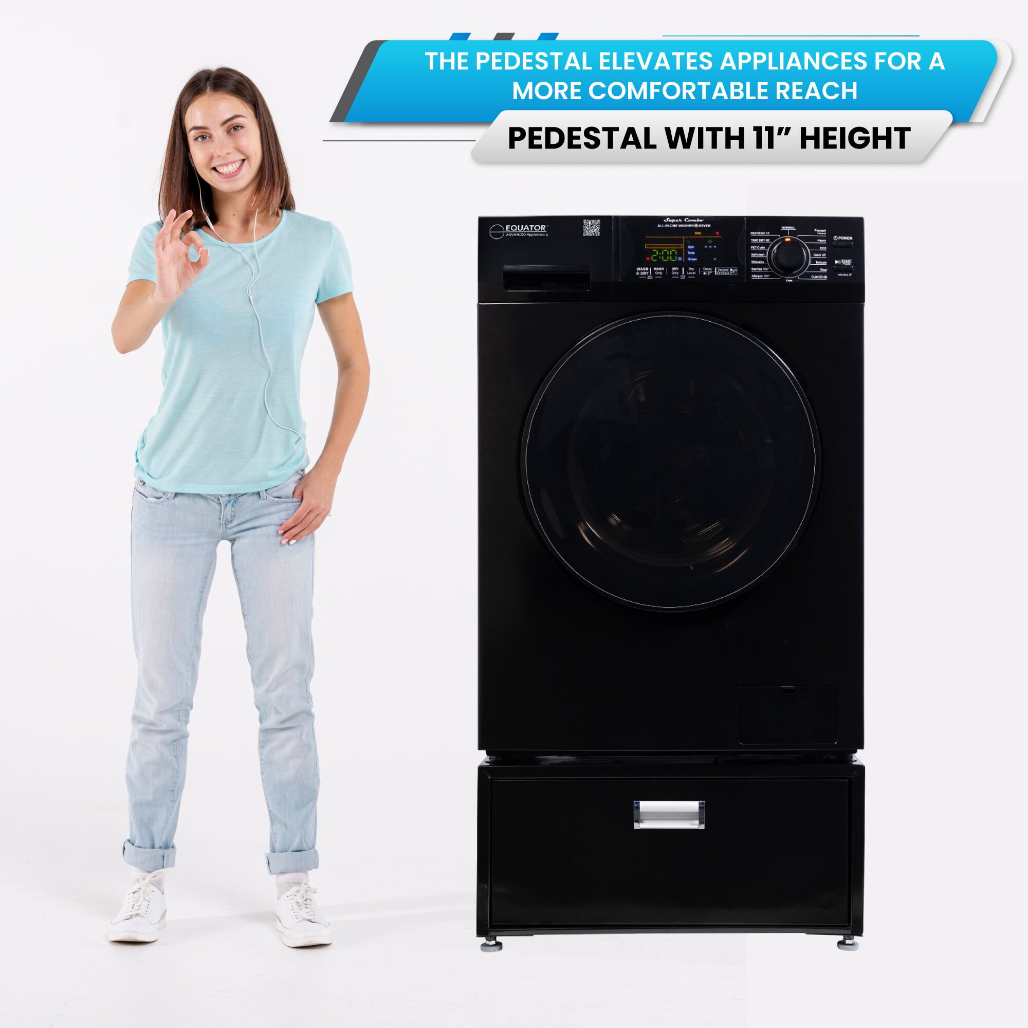 Combo de lavadora secadora todo en uno de capacidad de 1.62 pies cúbicos en color negro con ventilación avanzada Equator EZ 4600 B + PDL 4455
