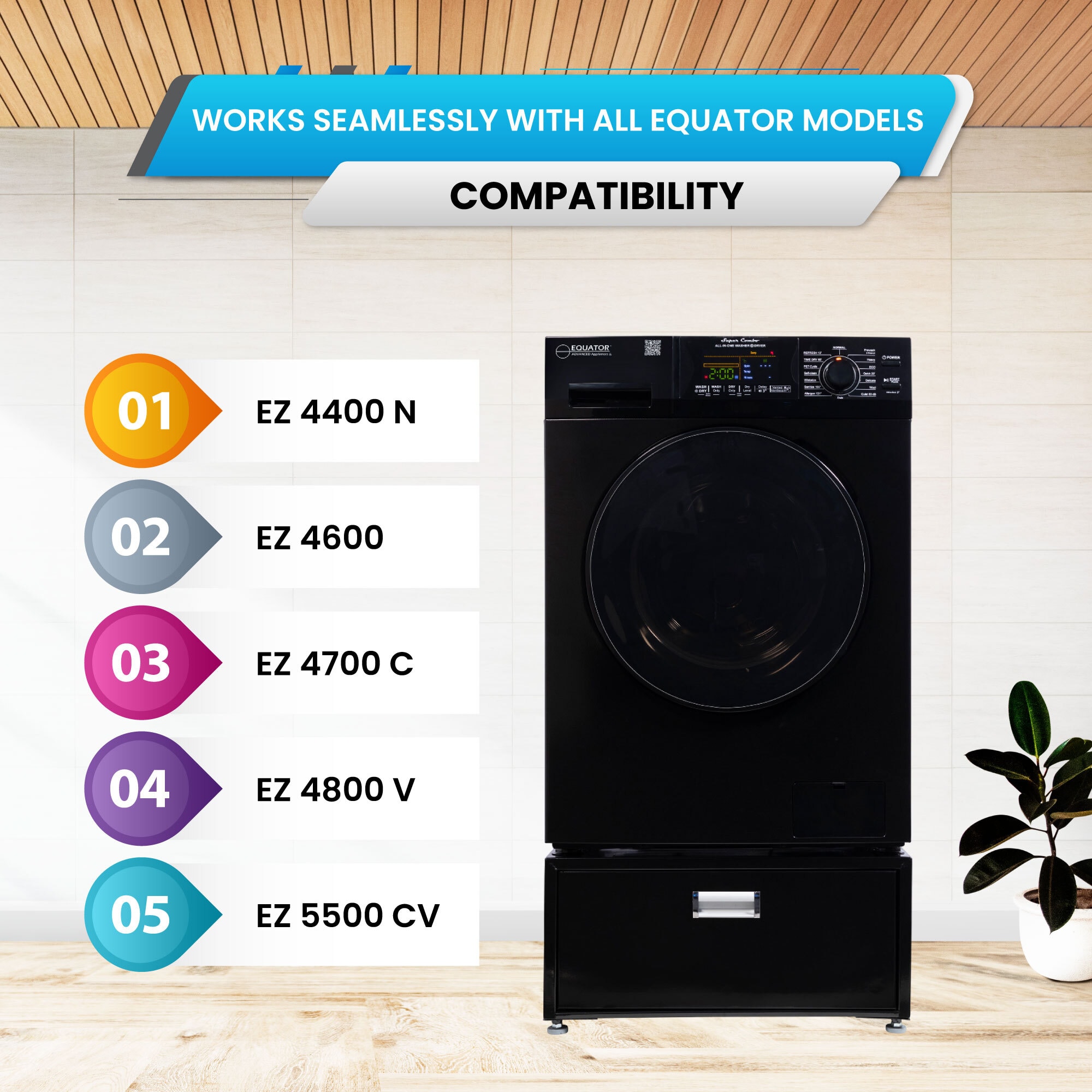 Combo de lavadora secadora todo en uno de capacidad de 1.62 pies cúbicos en color negro con ventilación avanzada Equator EZ 4600 B + PDL 4455