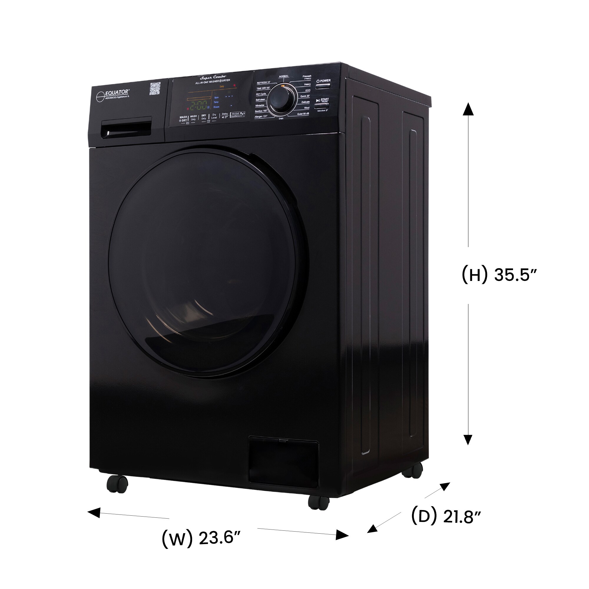 Combo de lavadora secadora todo en uno de capacidad de 1.62 pies cúbicos en color negro con ventilación Equator Advanced Appliances 4600 B + PBK 1070
