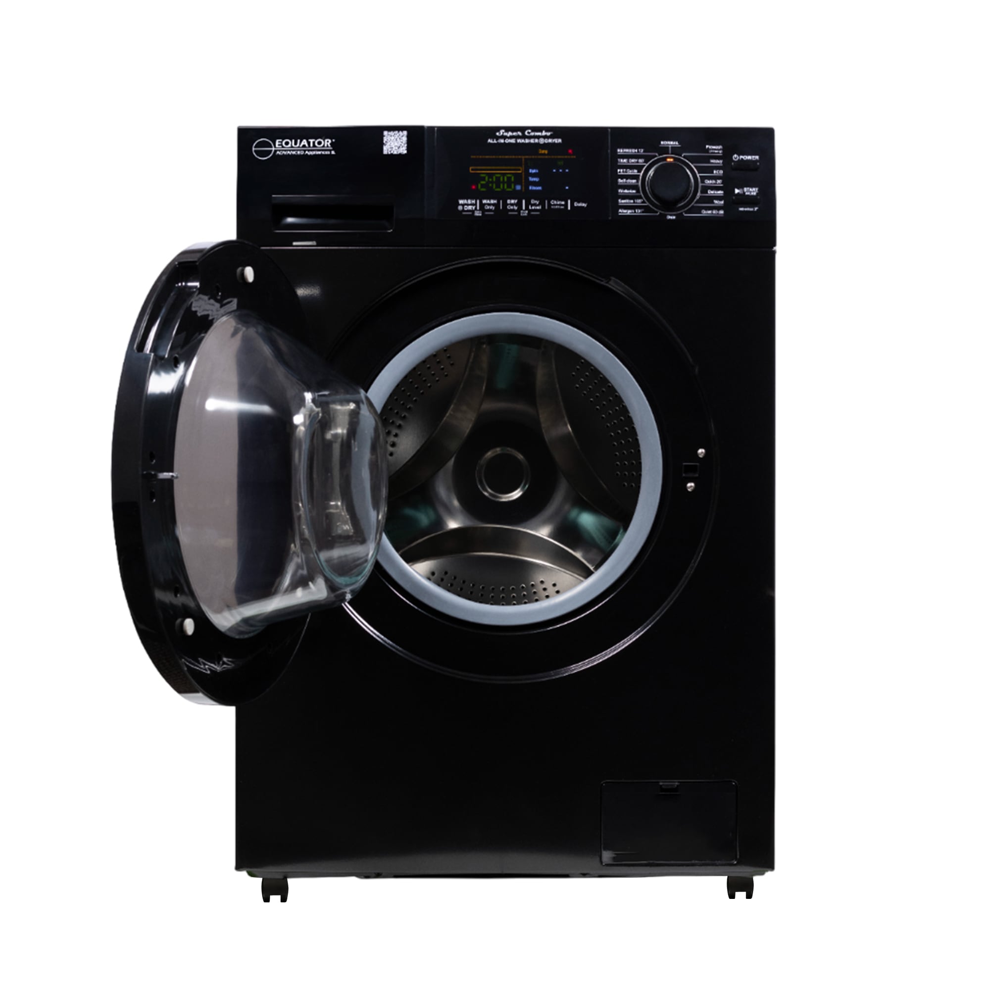 Combo de lavadora secadora todo en uno de capacidad de 1.62 pies cúbicos en color negro con ventilación Equator Advanced Appliances 4600 B + PBK 1070