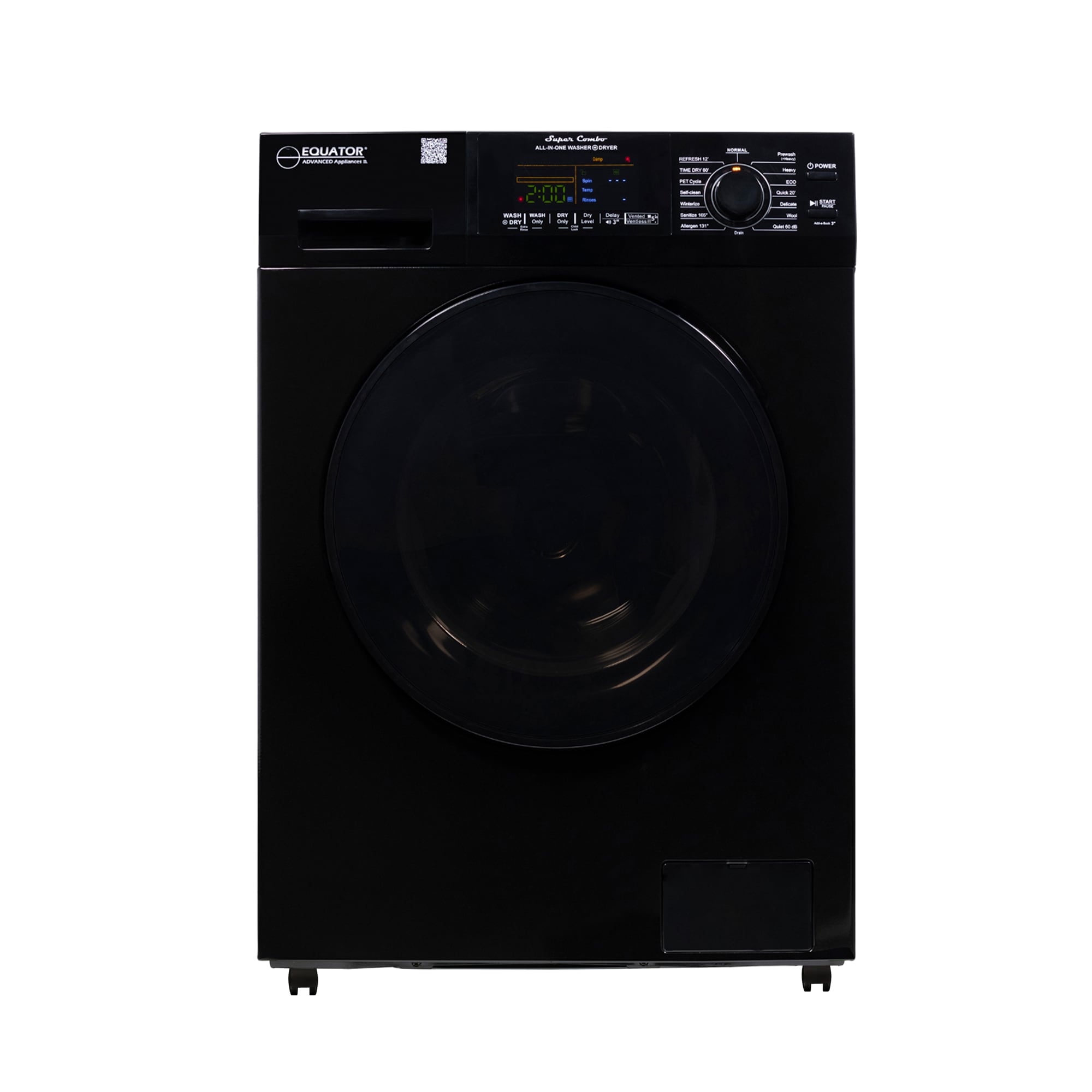 Combo de lavadora secadora todo en uno de capacidad de 1.62 pies cúbicos en color negro con ventilación Equator Advanced Appliances 4600 B + PBK 1070