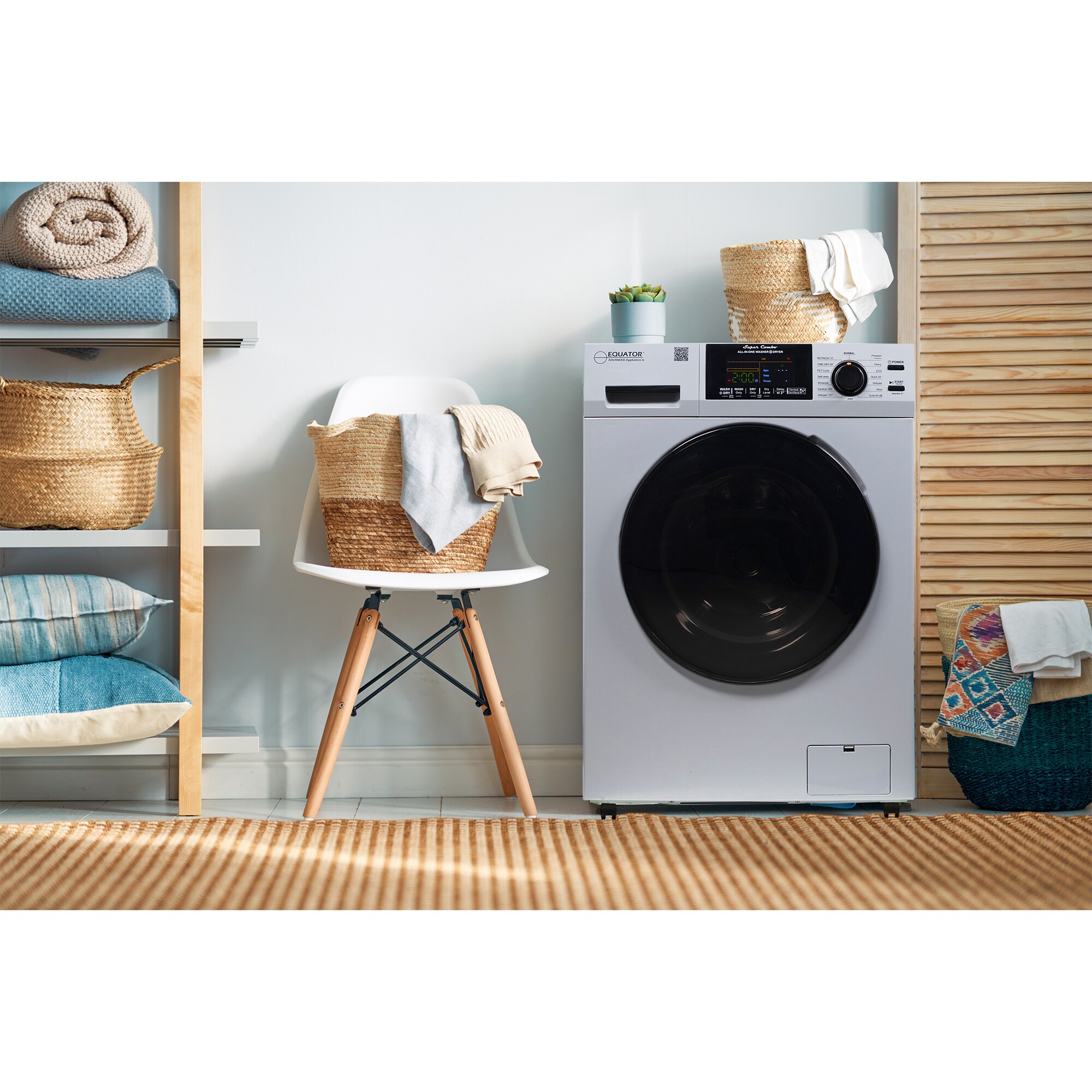 Combo Lavadora Secadora Todo en Uno plateado con ventilación con capacidad de 1.62 pies cúbicos de Equator Advanced Appliances 4600 S + PBK 1070