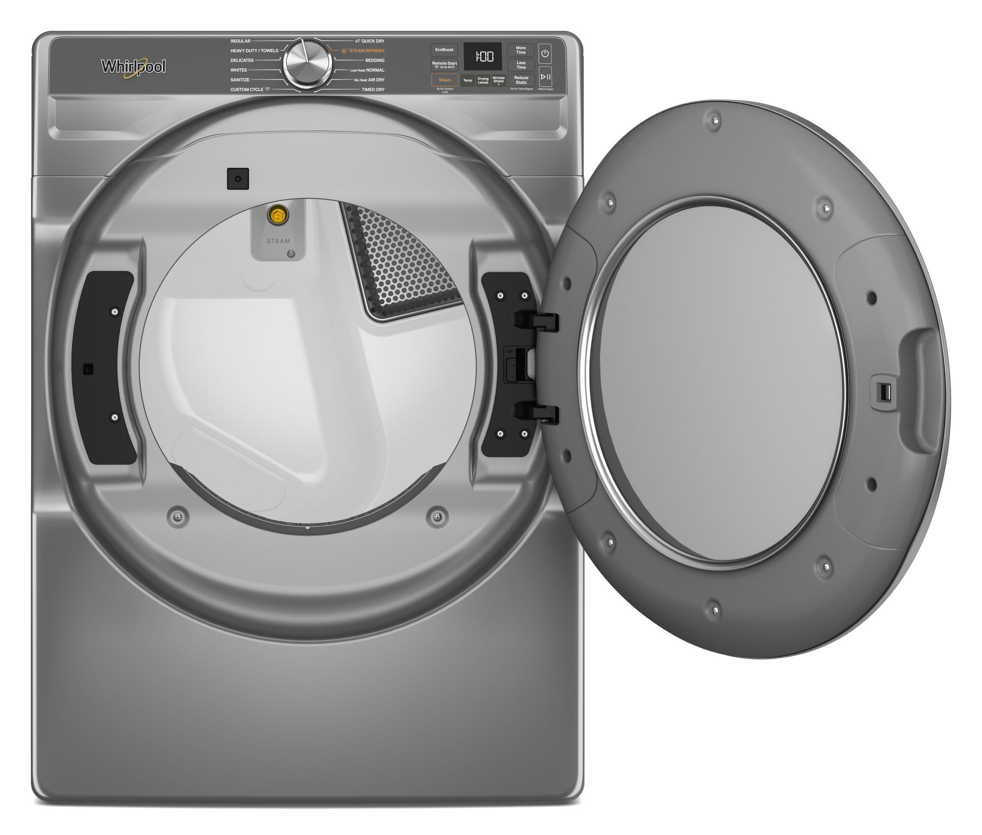 Secadora de gas Whirlpool de 7.4 pies cúbicos apilable con ciclo de vapor portátil y compatible con tecnología inteligente (Plata Radiante)