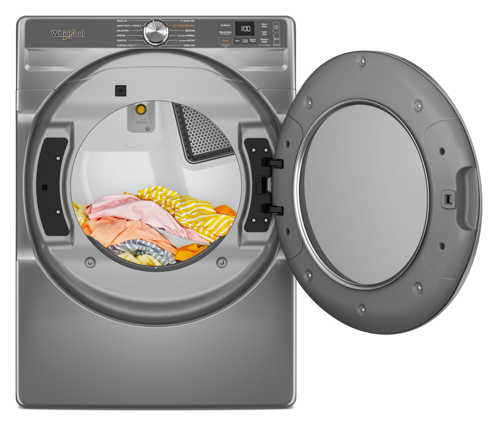 Secadora de gas Whirlpool de 7.4 pies cúbicos apilable con ciclo de vapor portátil y compatible con tecnología inteligente (Plata Radiante)