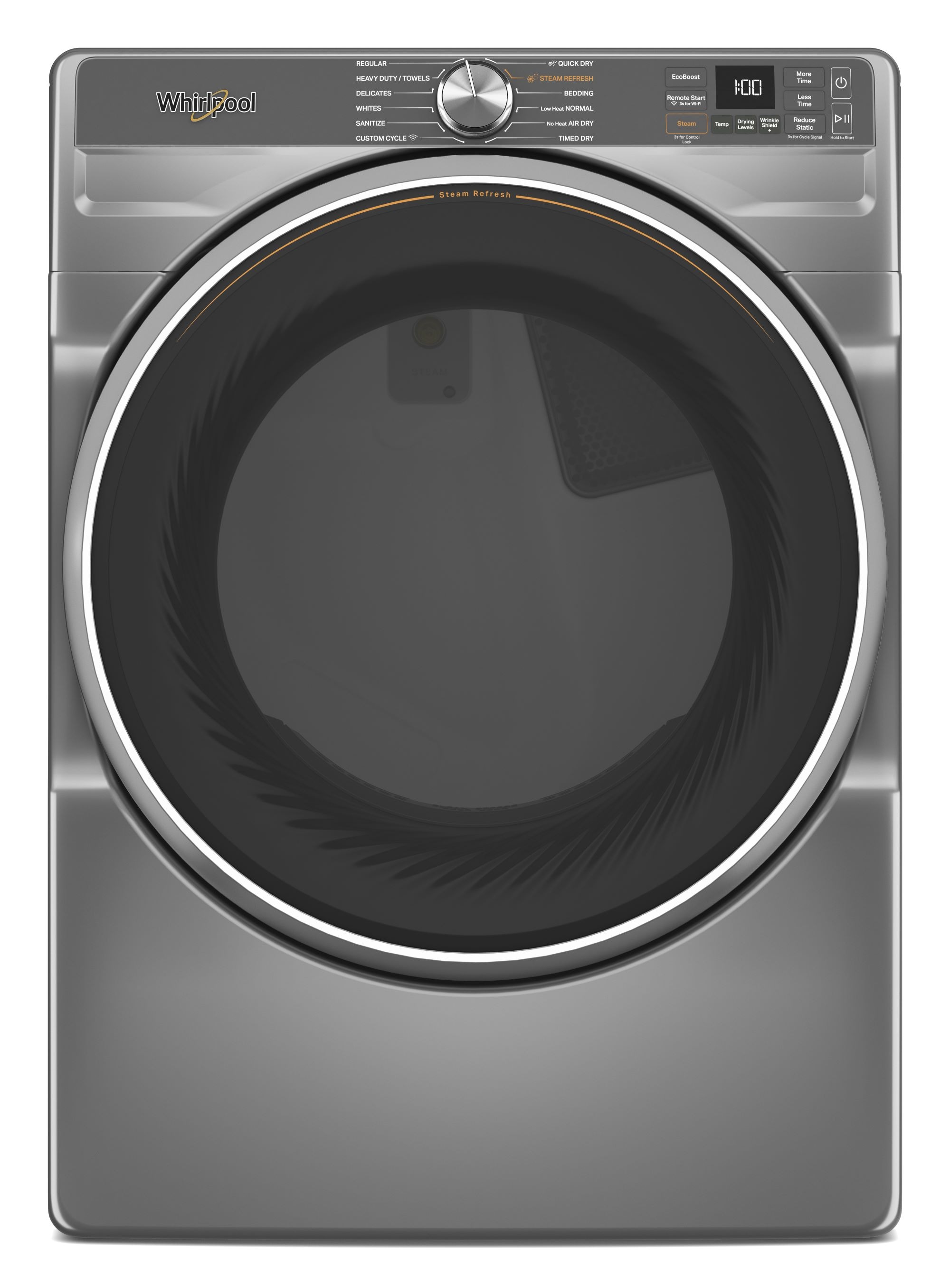 Secadora de gas Whirlpool de 7.4 pies cúbicos apilable con ciclo de vapor portátil y compatible con tecnología inteligente (Plata Radiante)