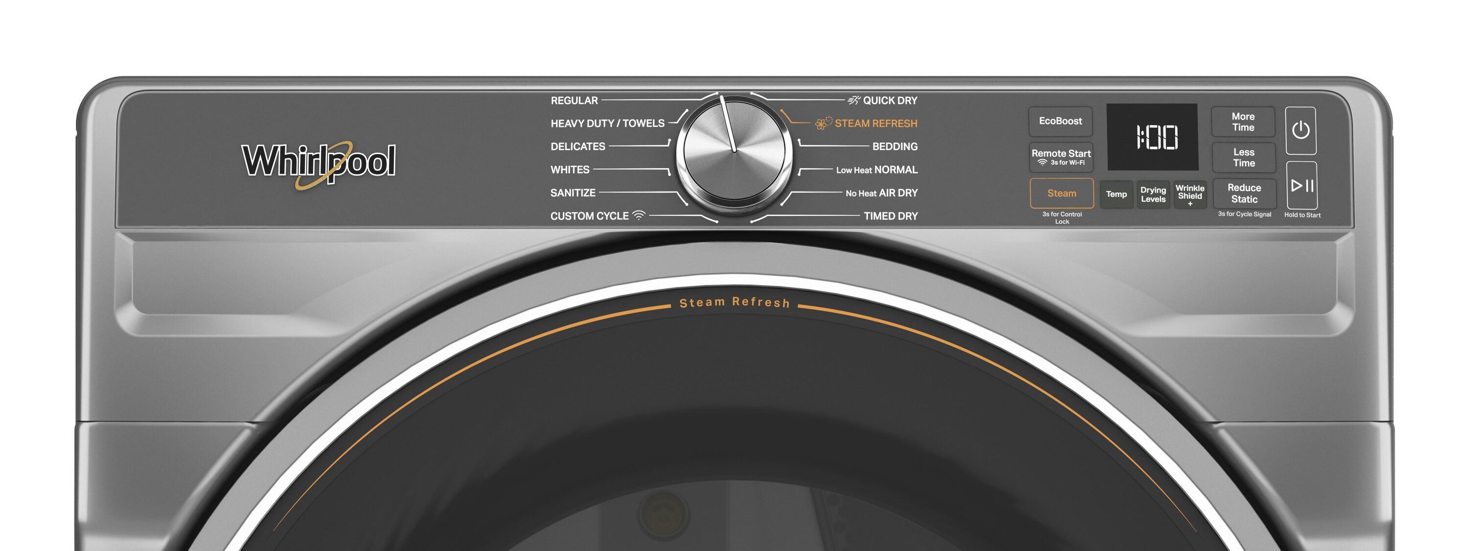 Secadora de gas Whirlpool de 7.4 pies cúbicos apilable con ciclo de vapor portátil y compatible con tecnología inteligente (Plata Radiante)