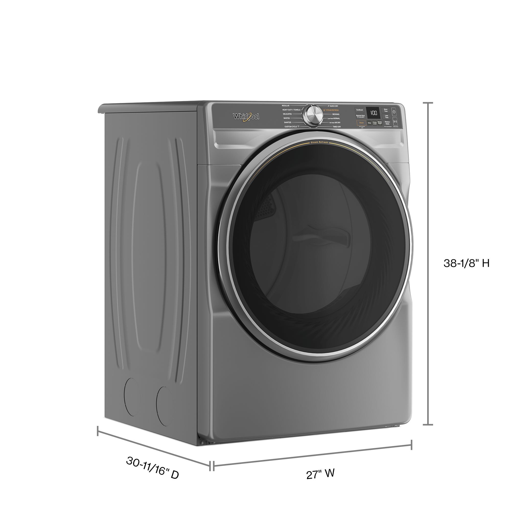 Secadora de gas Whirlpool de 7.4 pies cúbicos apilable con ciclo de vapor portátil y compatible con tecnología inteligente (Plata Radiante)
