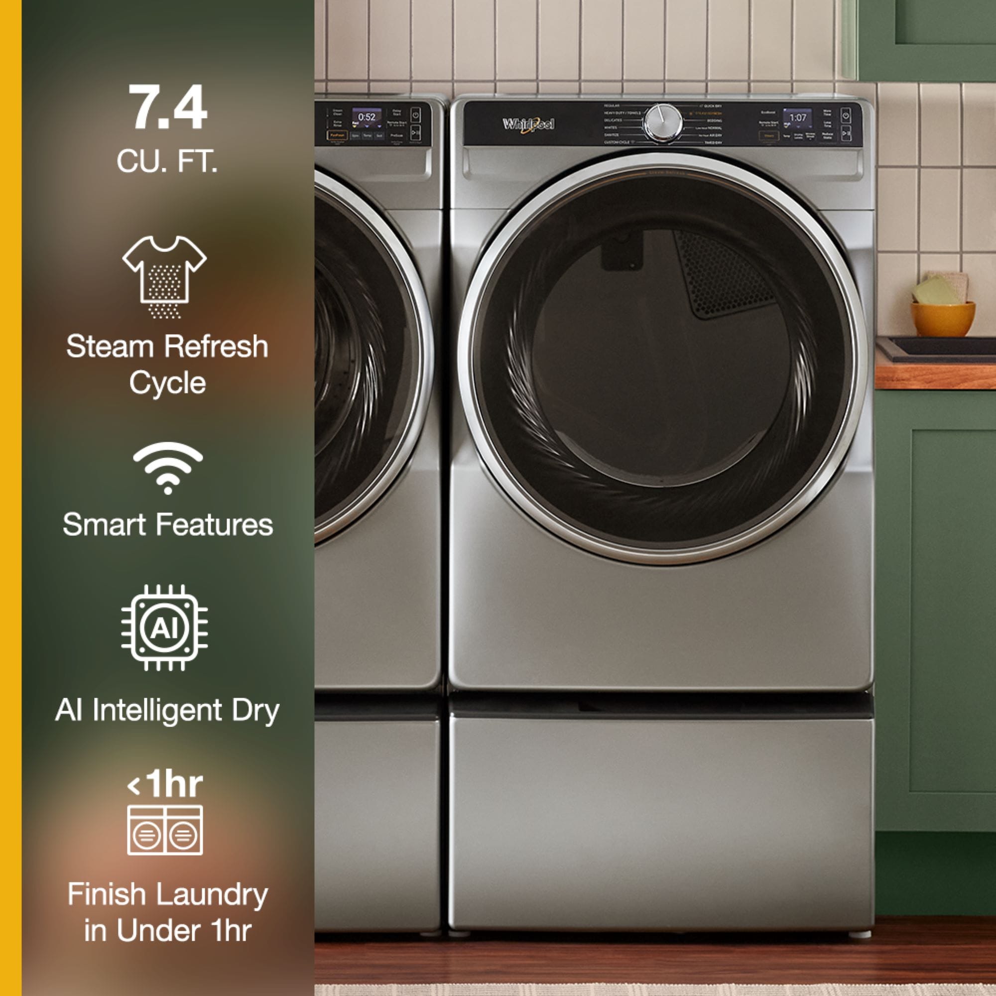 Secadora de gas Whirlpool de 7.4 pies cúbicos apilable con ciclo de vapor portátil y compatible con tecnología inteligente (Plata Radiante)