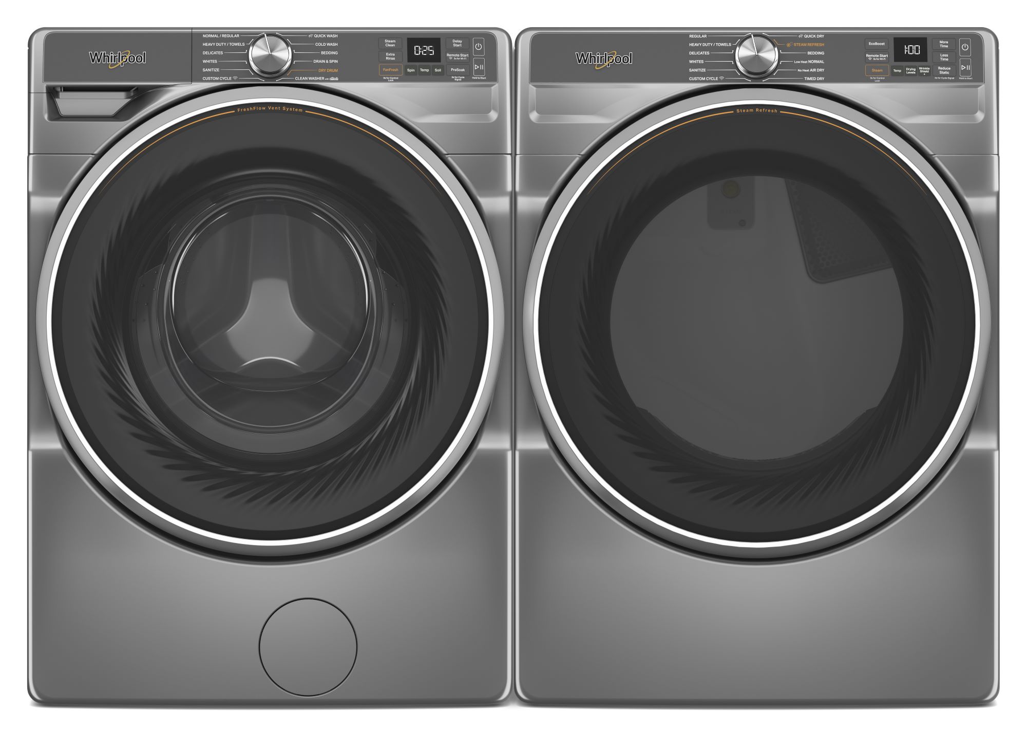 Secadora de gas Whirlpool de 7.4 pies cúbicos apilable con ciclo de vapor portátil y compatible con tecnología inteligente (Plata Radiante)