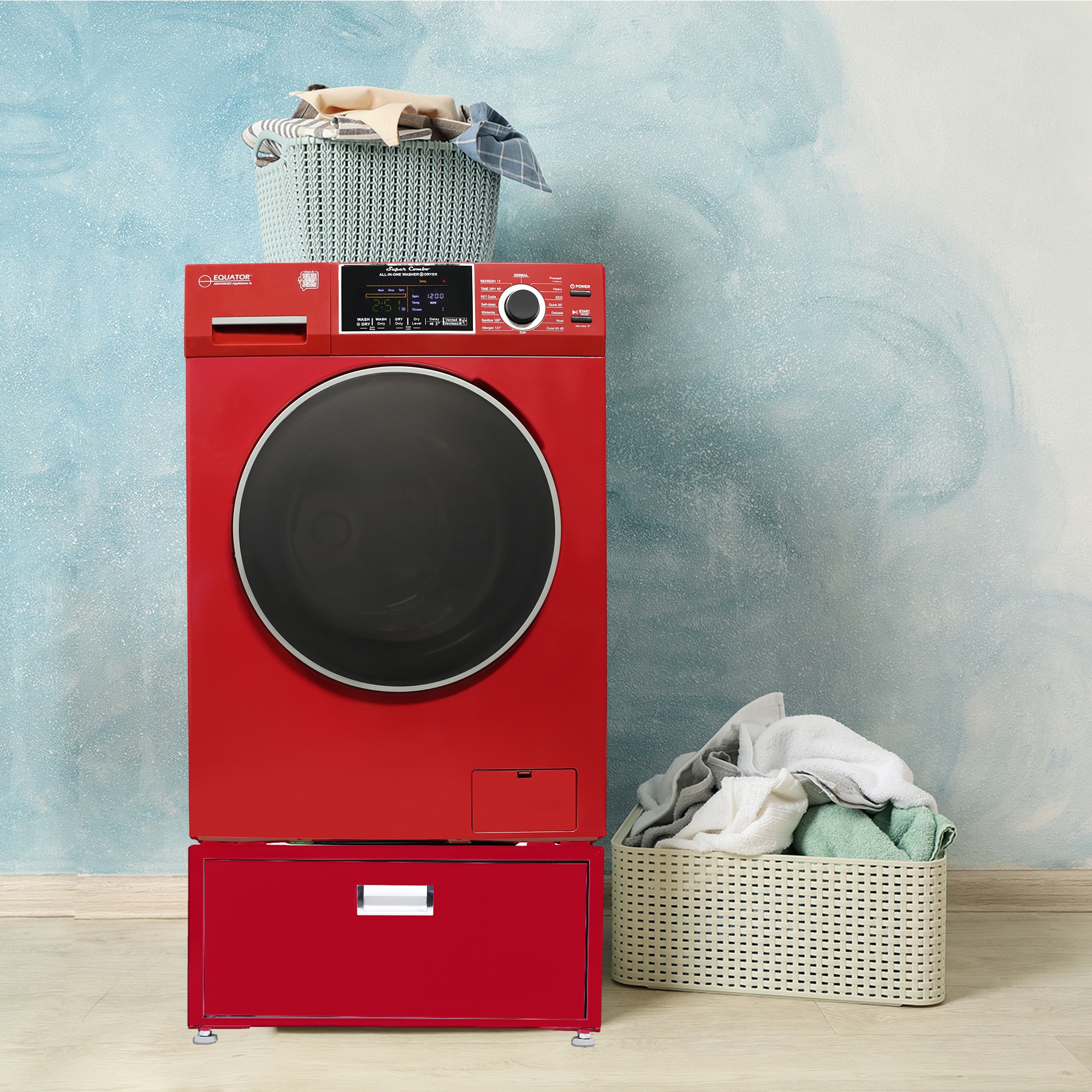 Combo lavadora secadora todo en uno con capacidad de 1.62 pies cúbicos en color rojo, modelo EZ 4600 M + PDL 4455 de Equator Advanced Appliances.