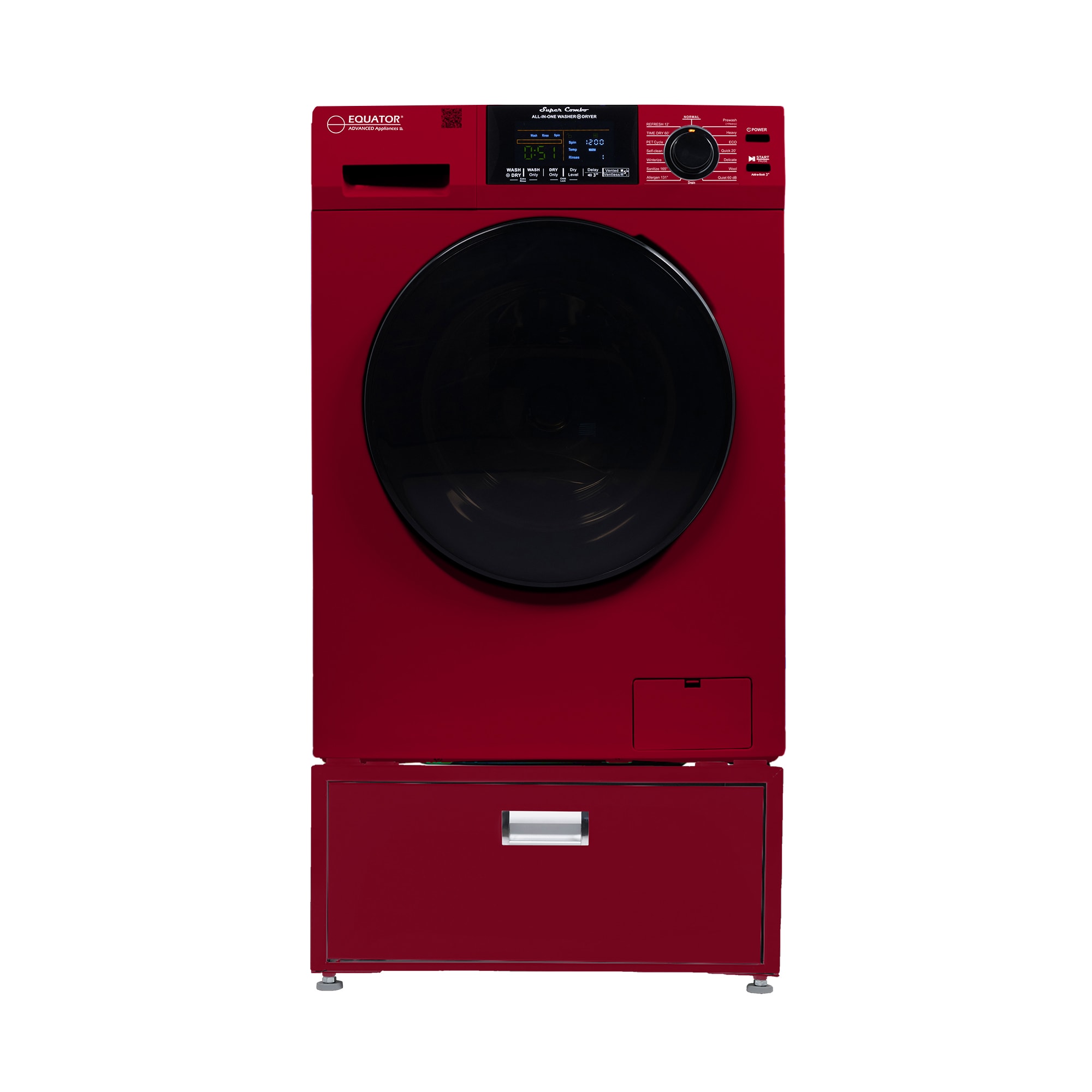 Combo lavadora secadora todo en uno con capacidad de 1.62 pies cúbicos en color rojo, modelo EZ 4600 M + PDL 4455 de Equator Advanced Appliances.