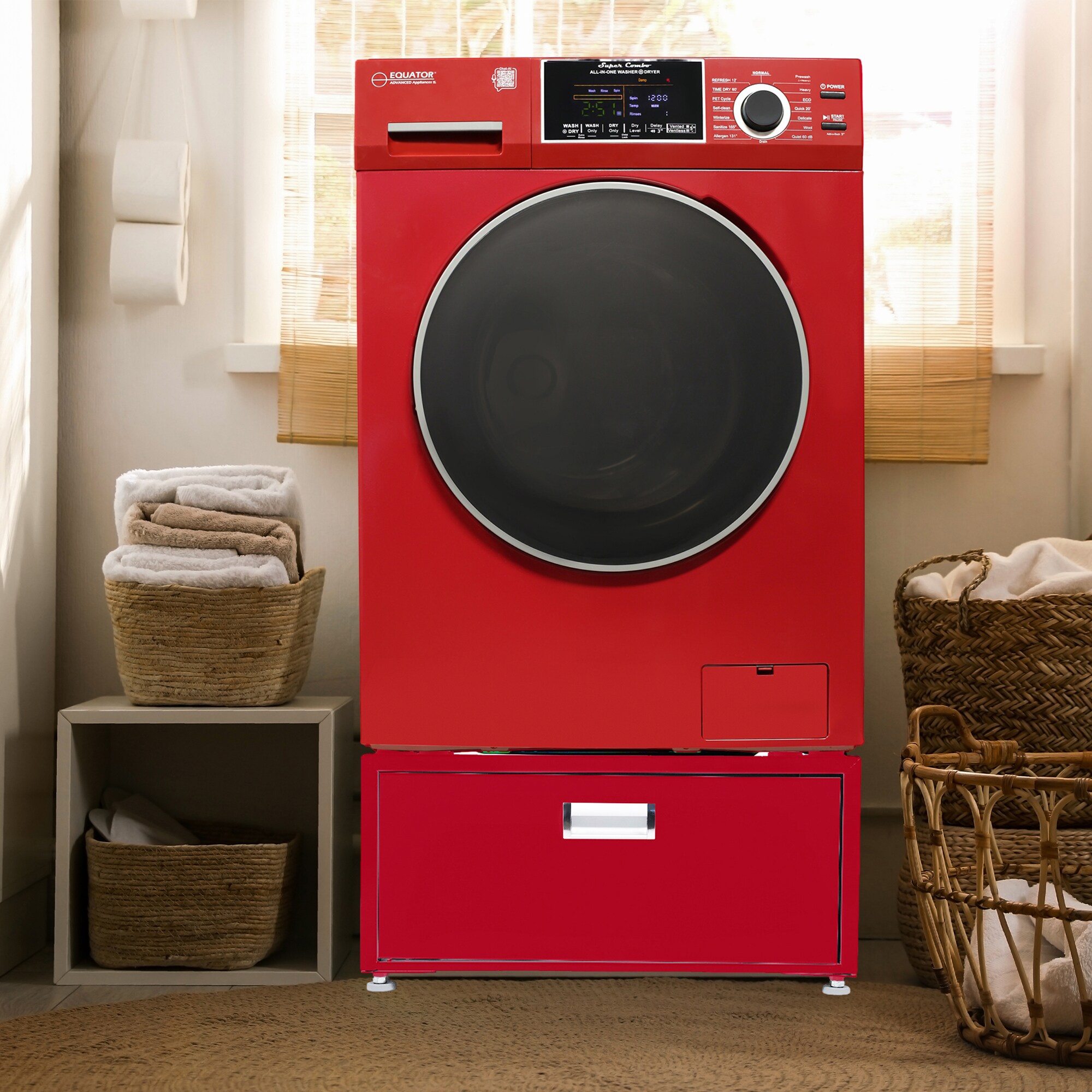 Combo lavadora secadora todo en uno con capacidad de 1.62 pies cúbicos en color rojo, modelo EZ 4600 M + PDL 4455 de Equator Advanced Appliances.