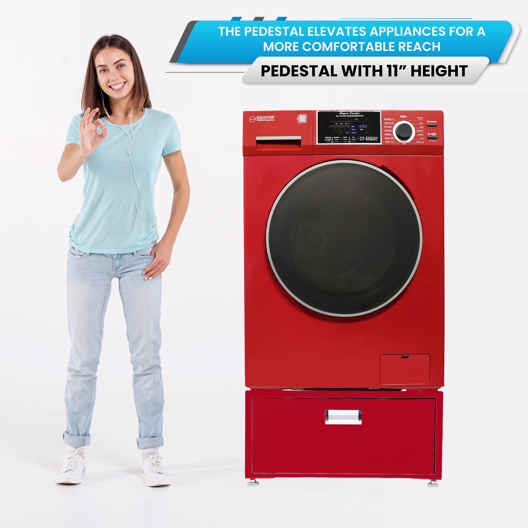 Combo lavadora secadora todo en uno con capacidad de 1.62 pies cúbicos en color rojo, modelo EZ 4600 M + PDL 4455 de Equator Advanced Appliances.