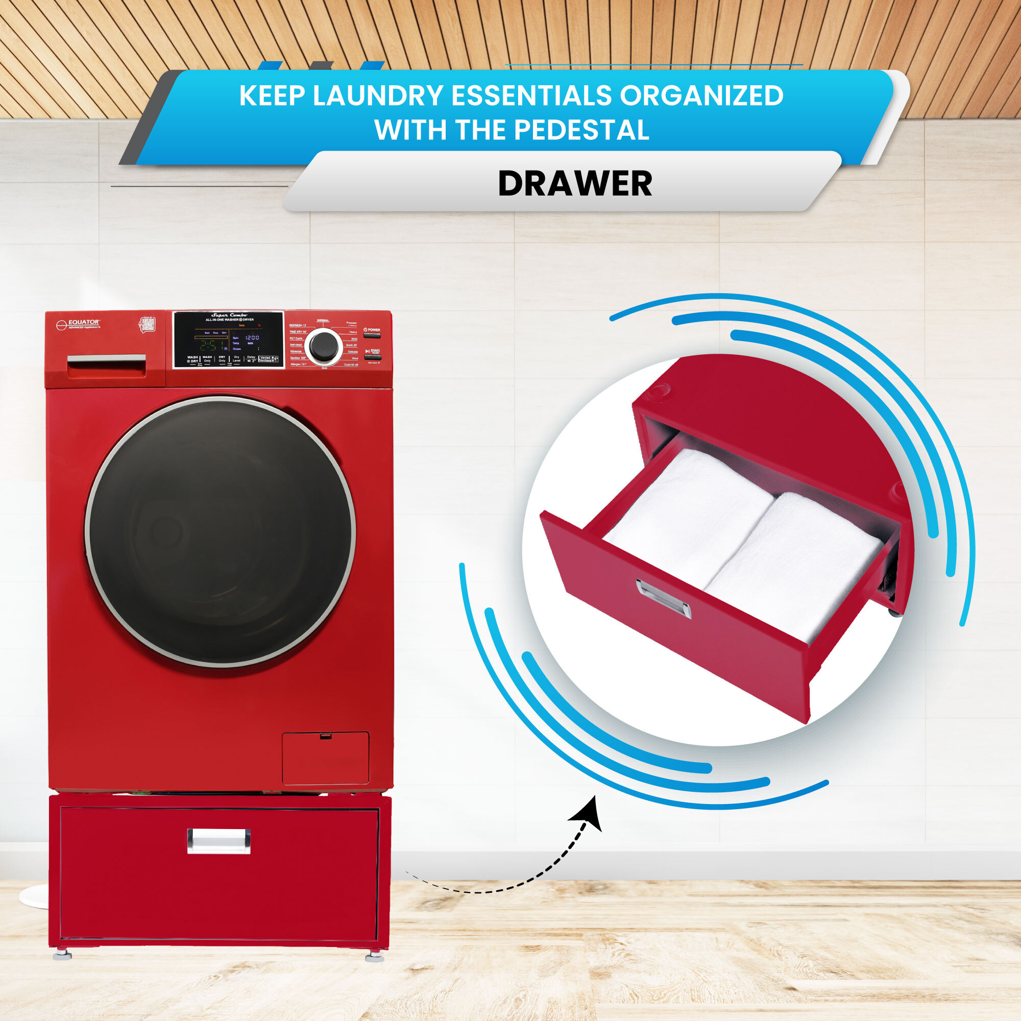 Combo lavadora secadora todo en uno con capacidad de 1.62 pies cúbicos en color rojo, modelo EZ 4600 M + PDL 4455 de Equator Advanced Appliances.