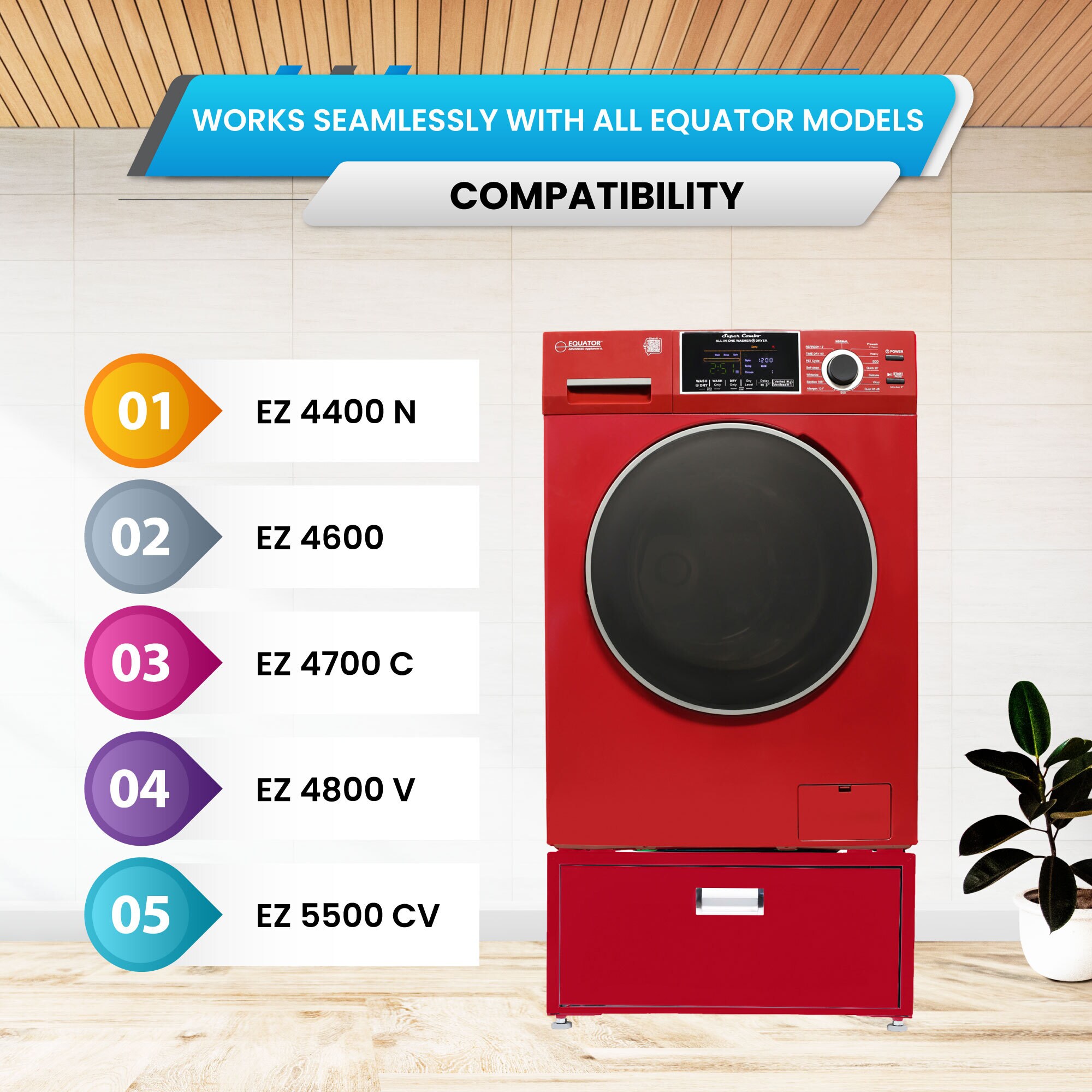 Combo lavadora secadora todo en uno con capacidad de 1.62 pies cúbicos en color rojo, modelo EZ 4600 M + PDL 4455 de Equator Advanced Appliances.