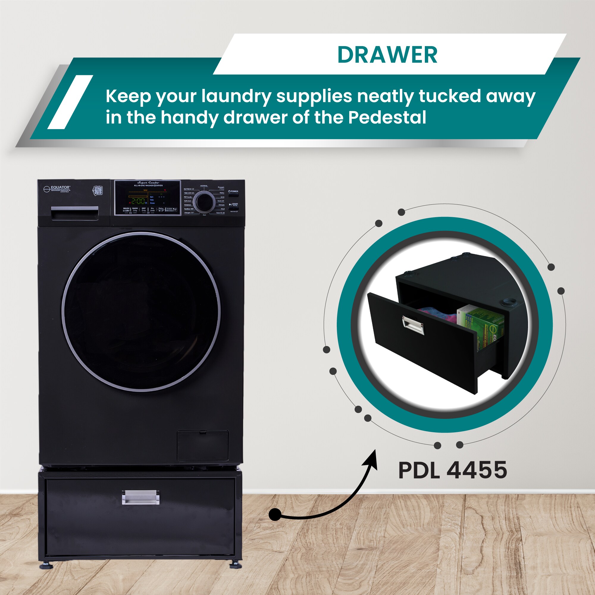 Combo Lavadora Secadora Todo en Uno de 1.9 pies cúbicos de Capacidad, Color Negro con Ventilación, Modelo EZ5500 + PDL 4455 SG de Equator Advanced Appliances