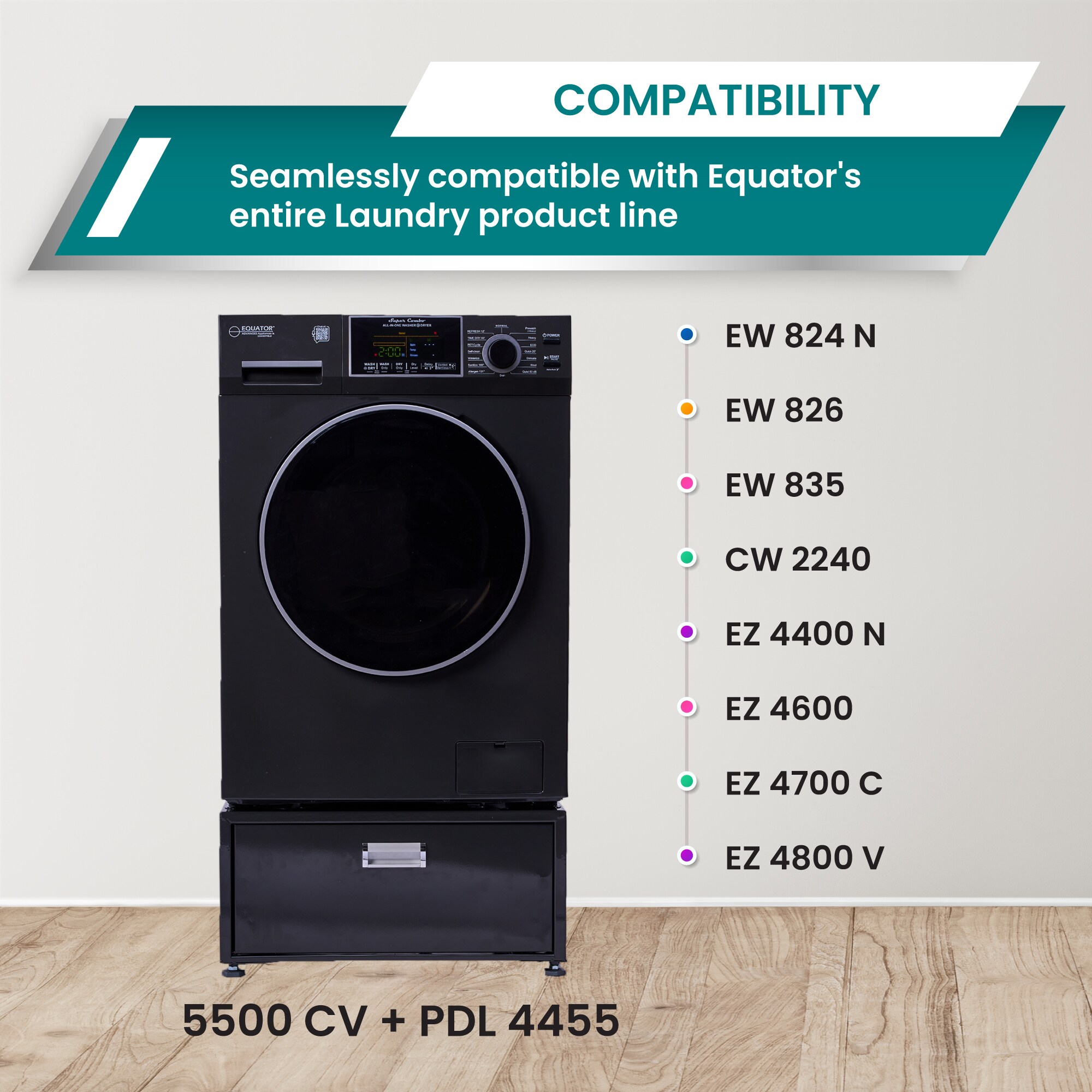 Combo Lavadora Secadora Todo en Uno de 1.9 pies cúbicos de Capacidad, Color Negro con Ventilación, Modelo EZ5500 + PDL 4455 SG de Equator Advanced Appliances