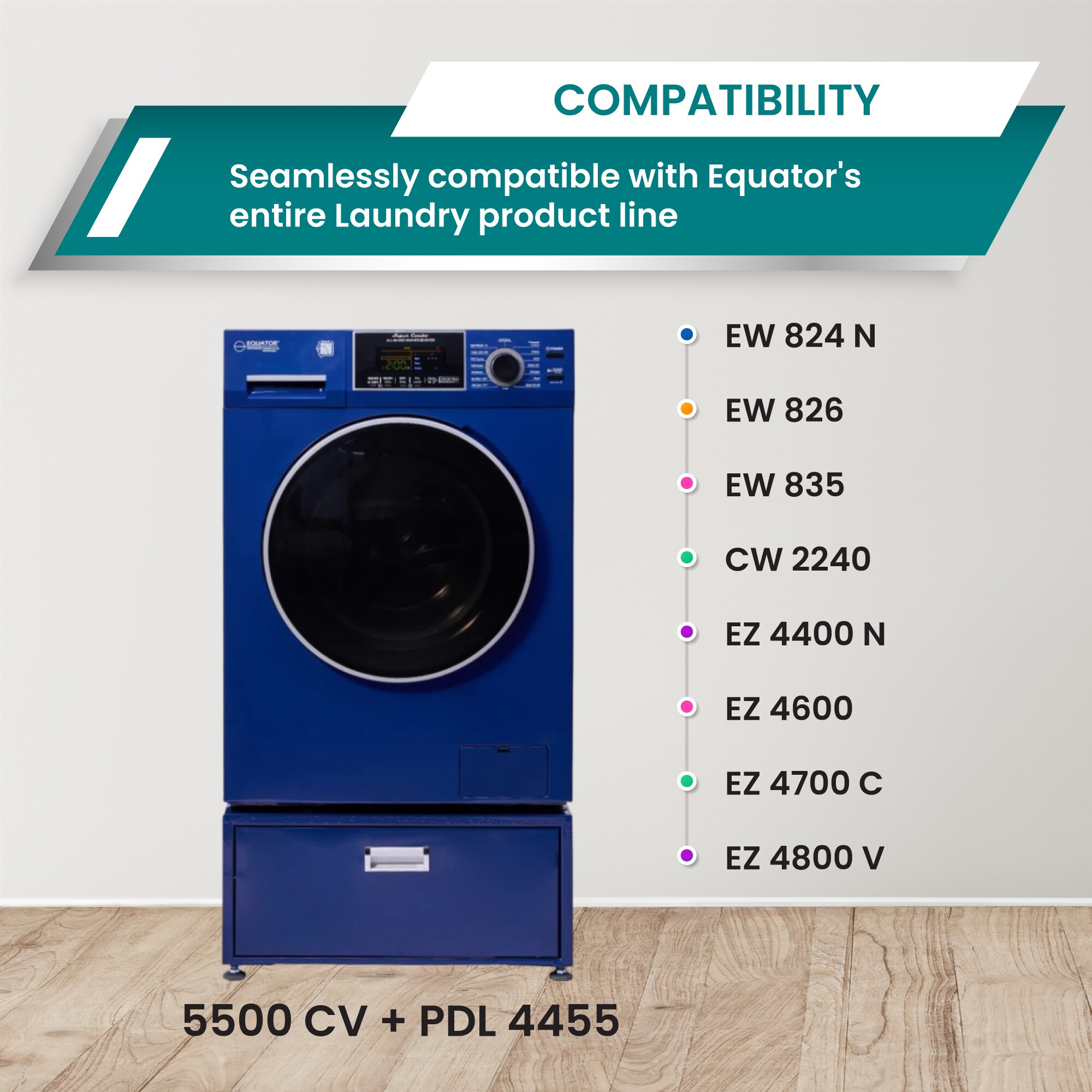Combo Lavadora-Secadora todo en uno con ventilación azul de 1.9 pies cúbicos de capacidad EZ5500 + PDL 4455 MB de Equator Advanced Appliances