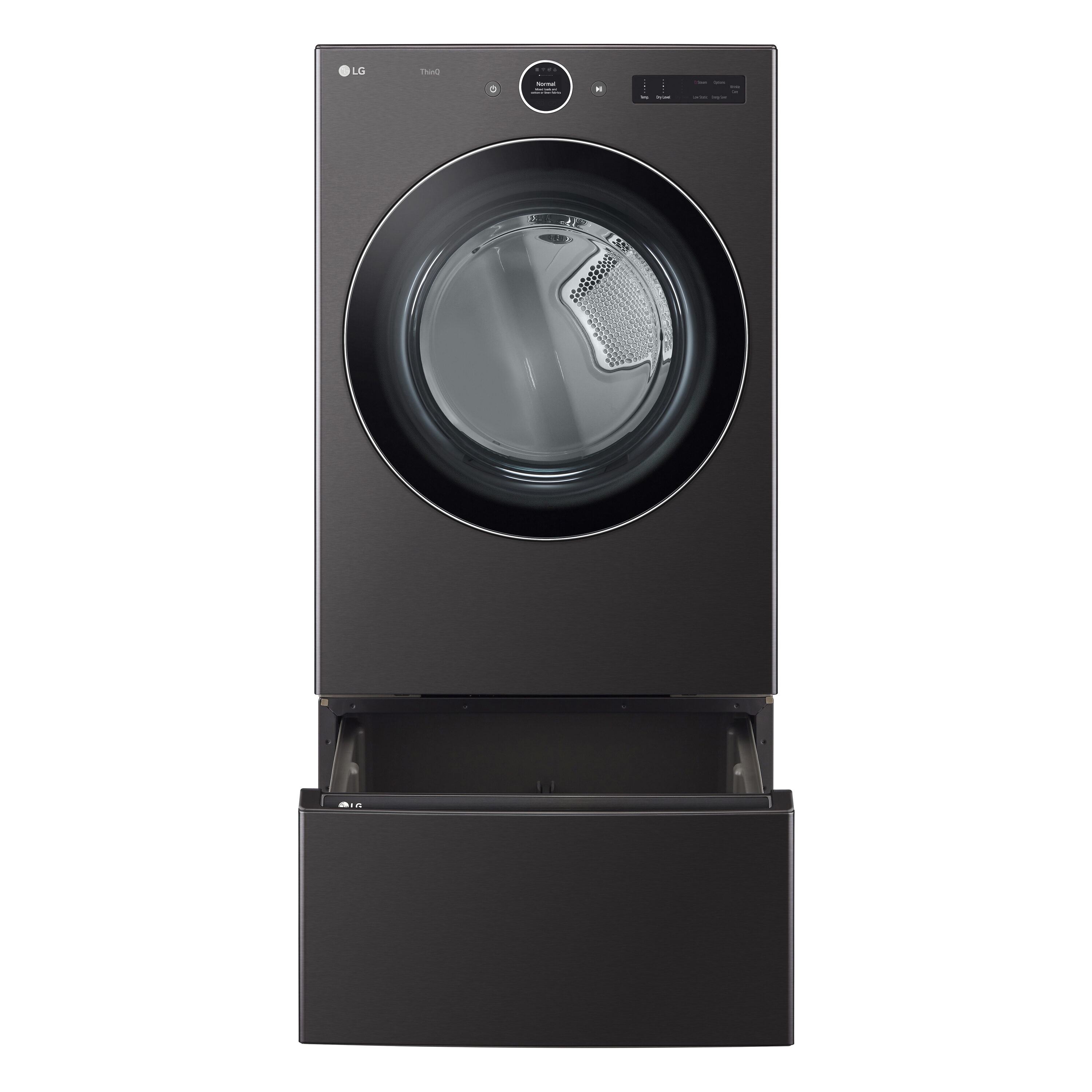 Secadora eléctrica apilable con ciclo de vapor de 7.4 pies cúbicos en acero negro, certificada Energy Star DLEX6700B de LG