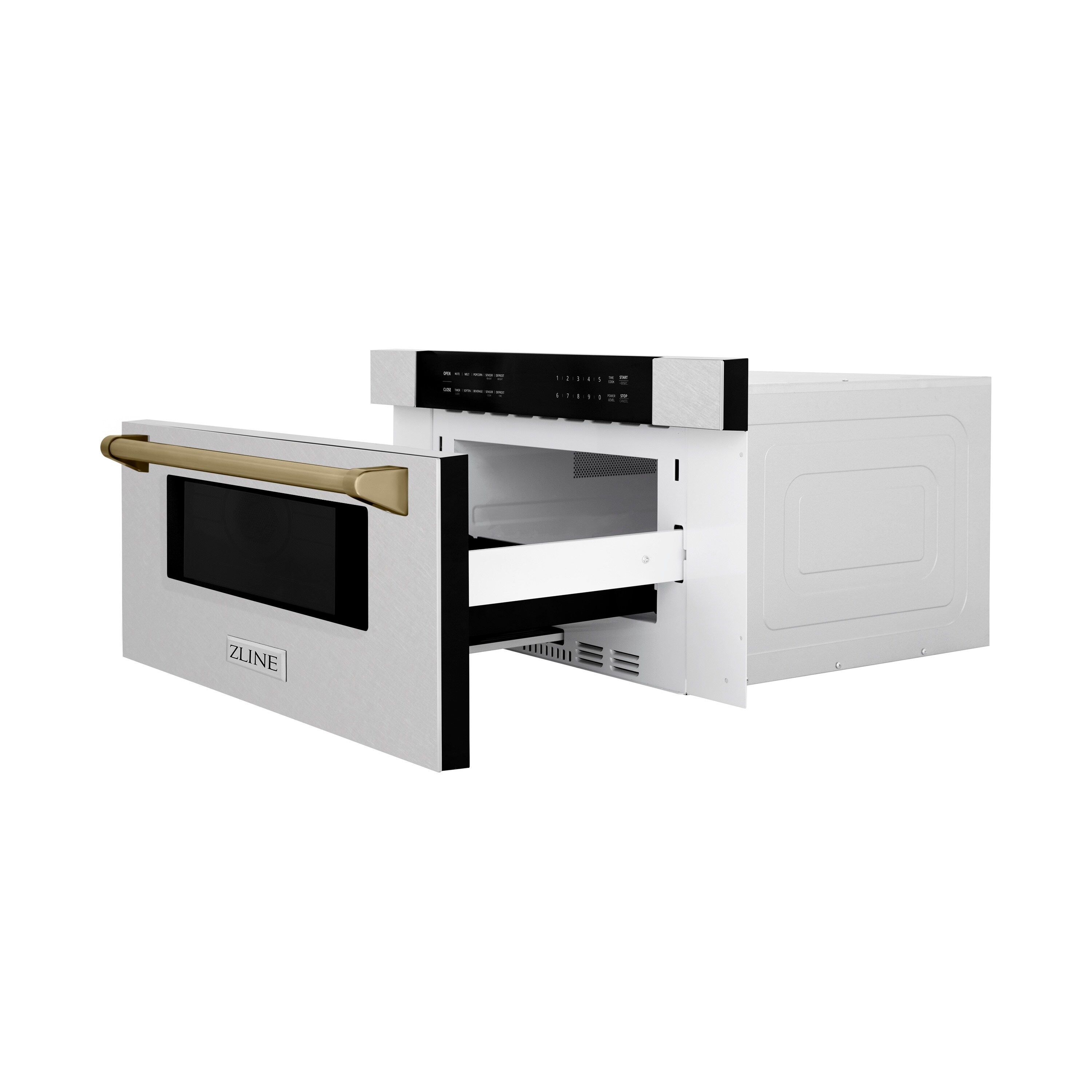 Cajón de Microondas de Acero Inoxidable Resistente a Huellas con Asa de Bronce Champán de 29.75 pulgadas y 1.2 pies cúbicos de ZLINE KITCHEN & BATH (MWDZ-30-SS-CB)