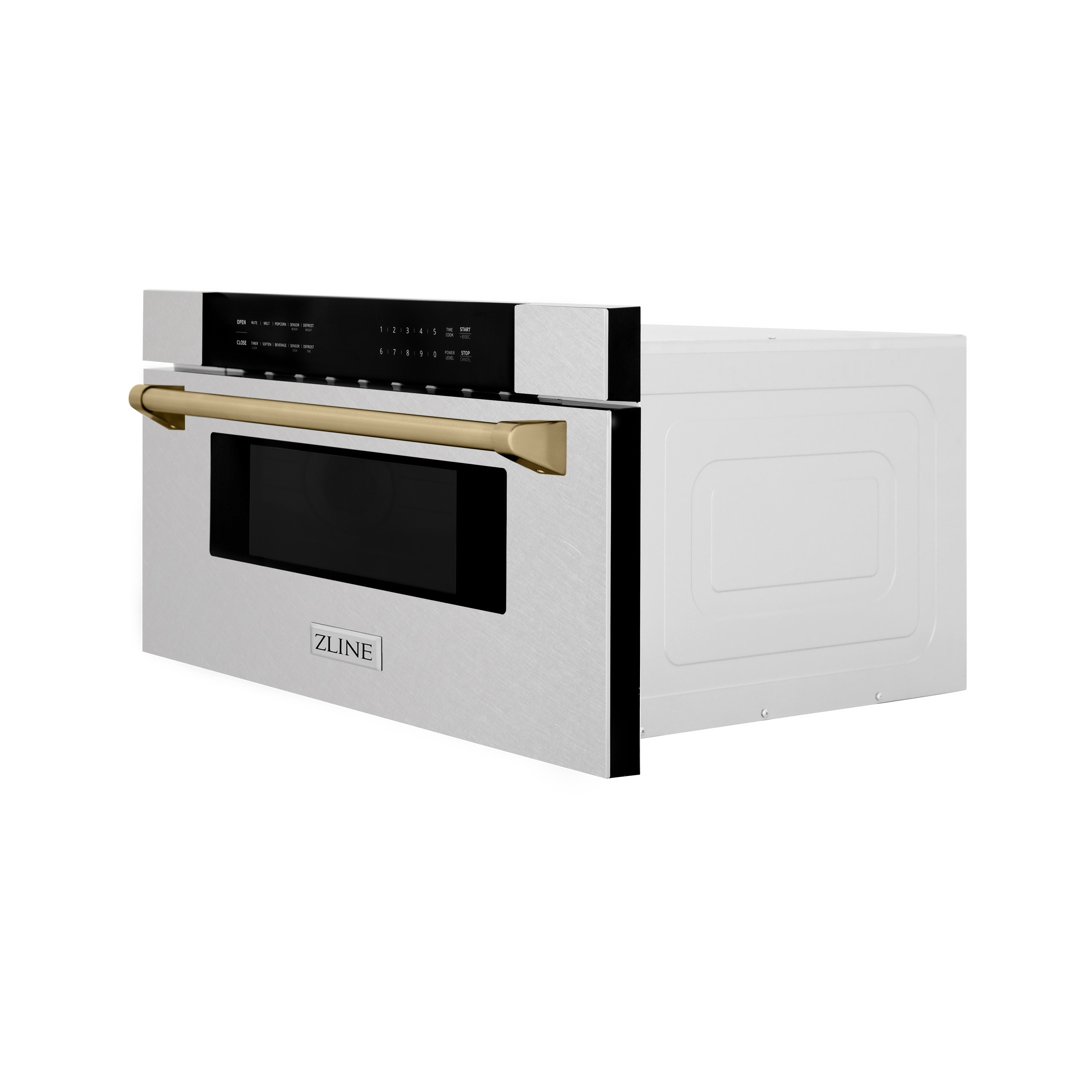 Cajón de Microondas de Acero Inoxidable Resistente a Huellas con Asa de Bronce Champán de 29.75 pulgadas y 1.2 pies cúbicos de ZLINE KITCHEN & BATH (MWDZ-30-SS-CB)